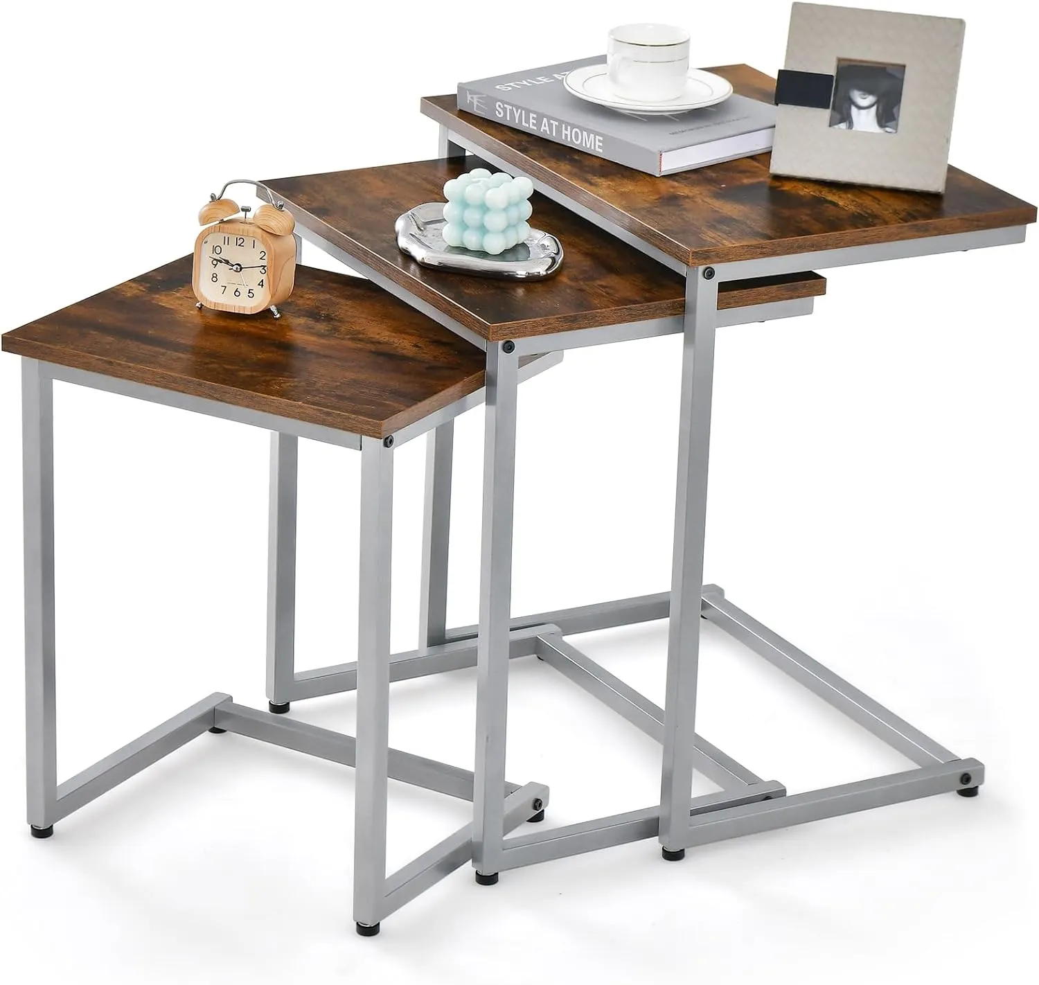 Tangkula Nesting Table Set of 3, Rectangle Stacking Side End Table w/Wood Top & Metal Legs