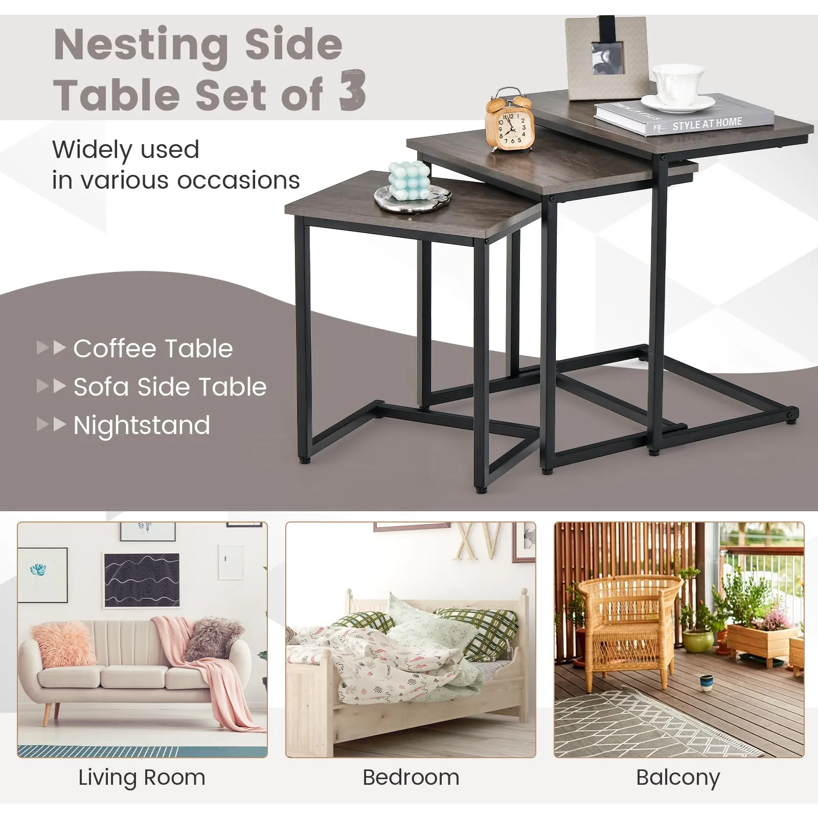 Tangkula Nesting Table Set of 3, Rectangle Stacking Side End Table w/Wood Top & Metal Legs