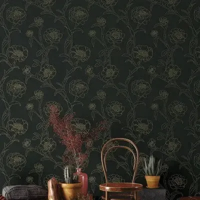 Tempaper & Co.® Peonies Removable Peel and Stick Wallpaper, Black and Gold Floral, 28 sq. ft.