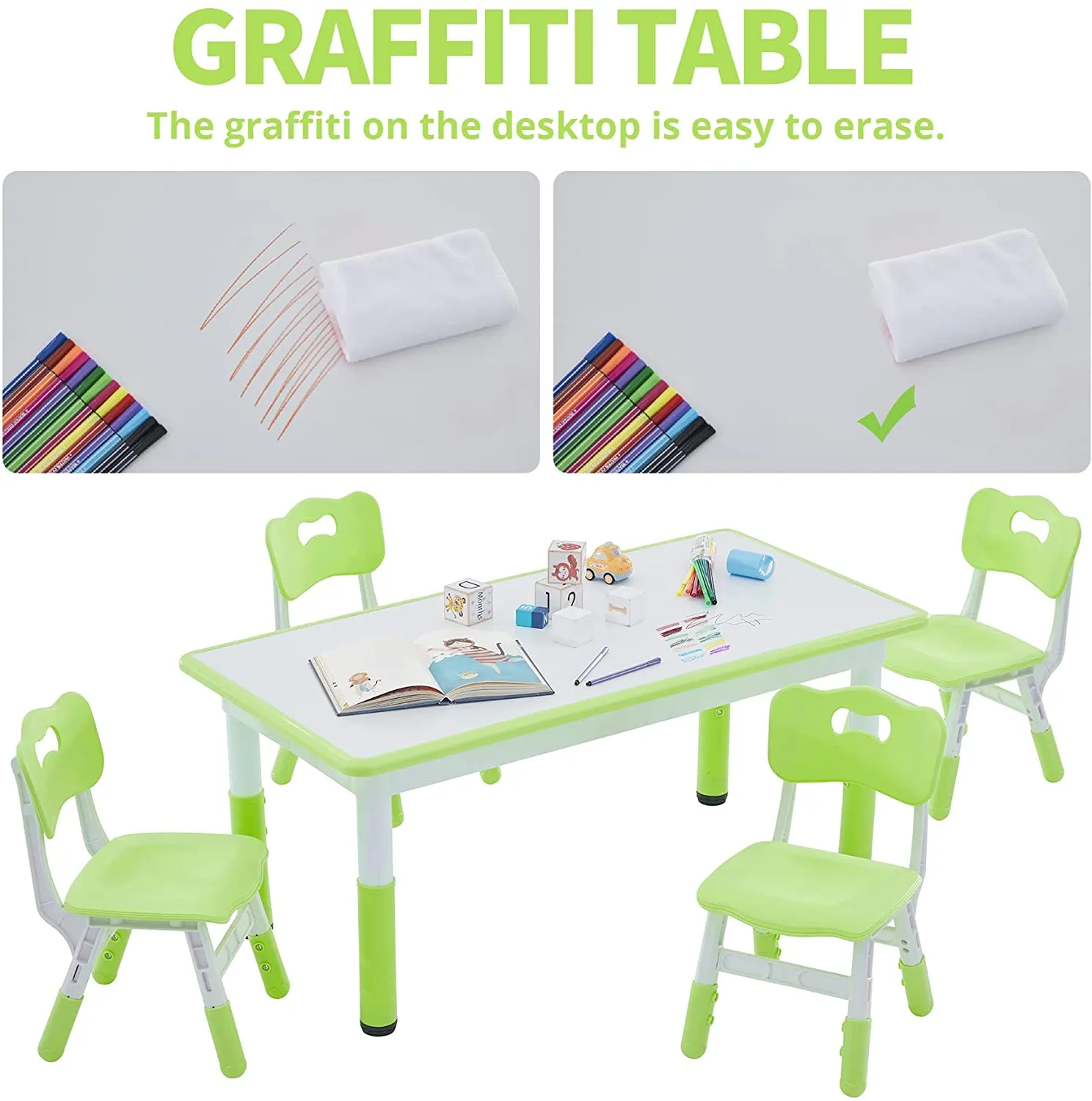 Toddler Table and Chairs Set Height-Adjustable Scrubtable for 4 kids