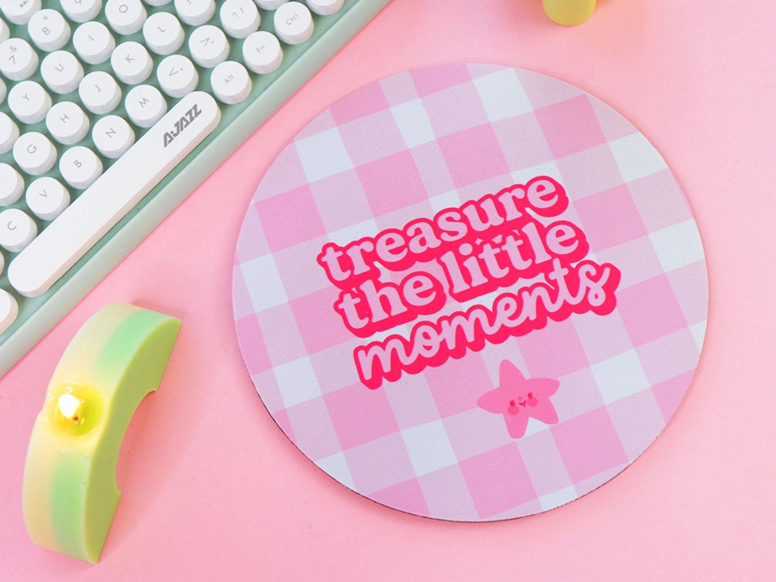 Treasure the Little Moments Mouse Pad | Kawaii Pink Gingham Desk Mat | Cute Aesthetic Office & Gaming Accessory