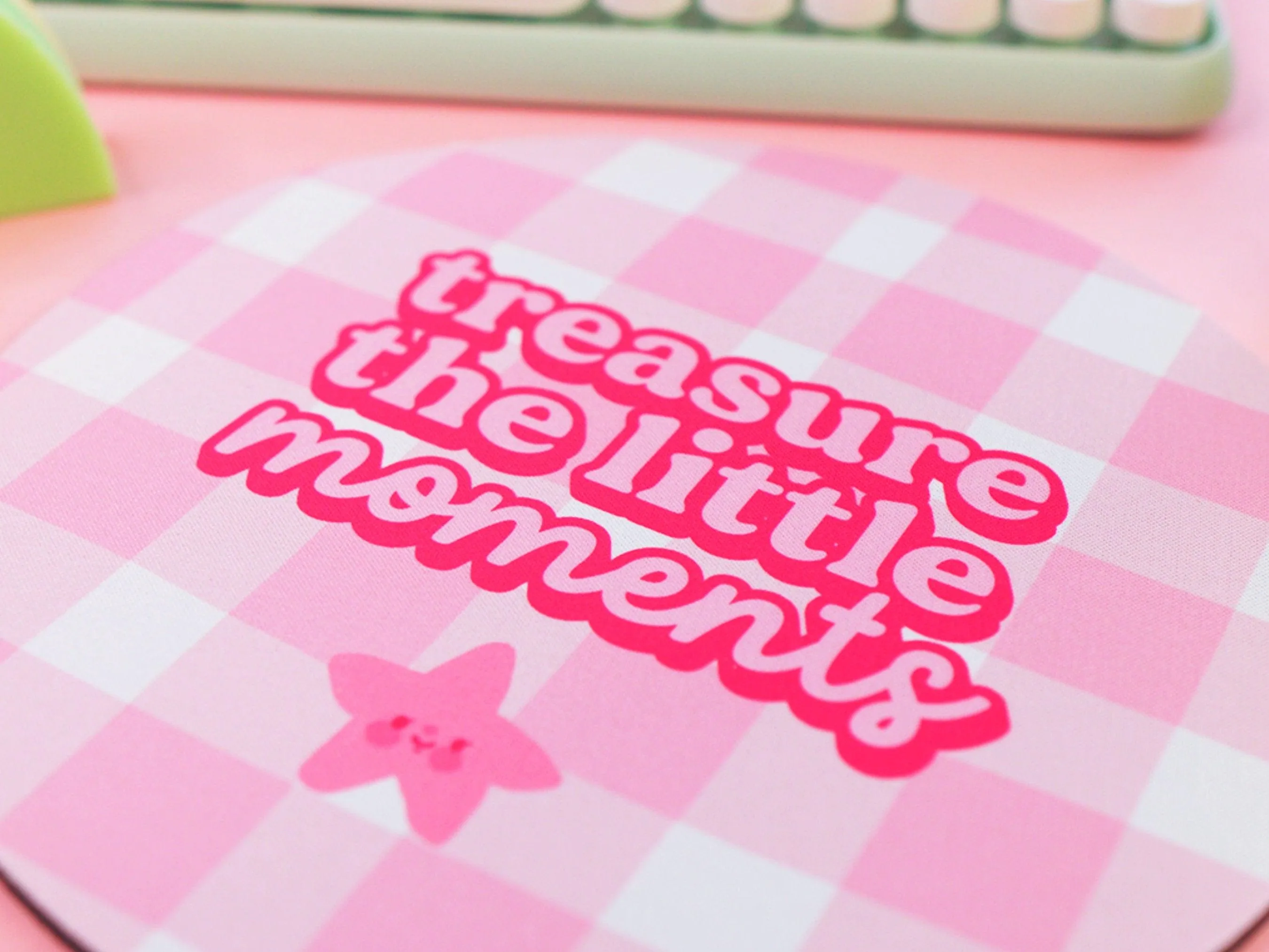 Treasure the Little Moments Mouse Pad | Kawaii Pink Gingham Desk Mat | Cute Aesthetic Office & Gaming Accessory