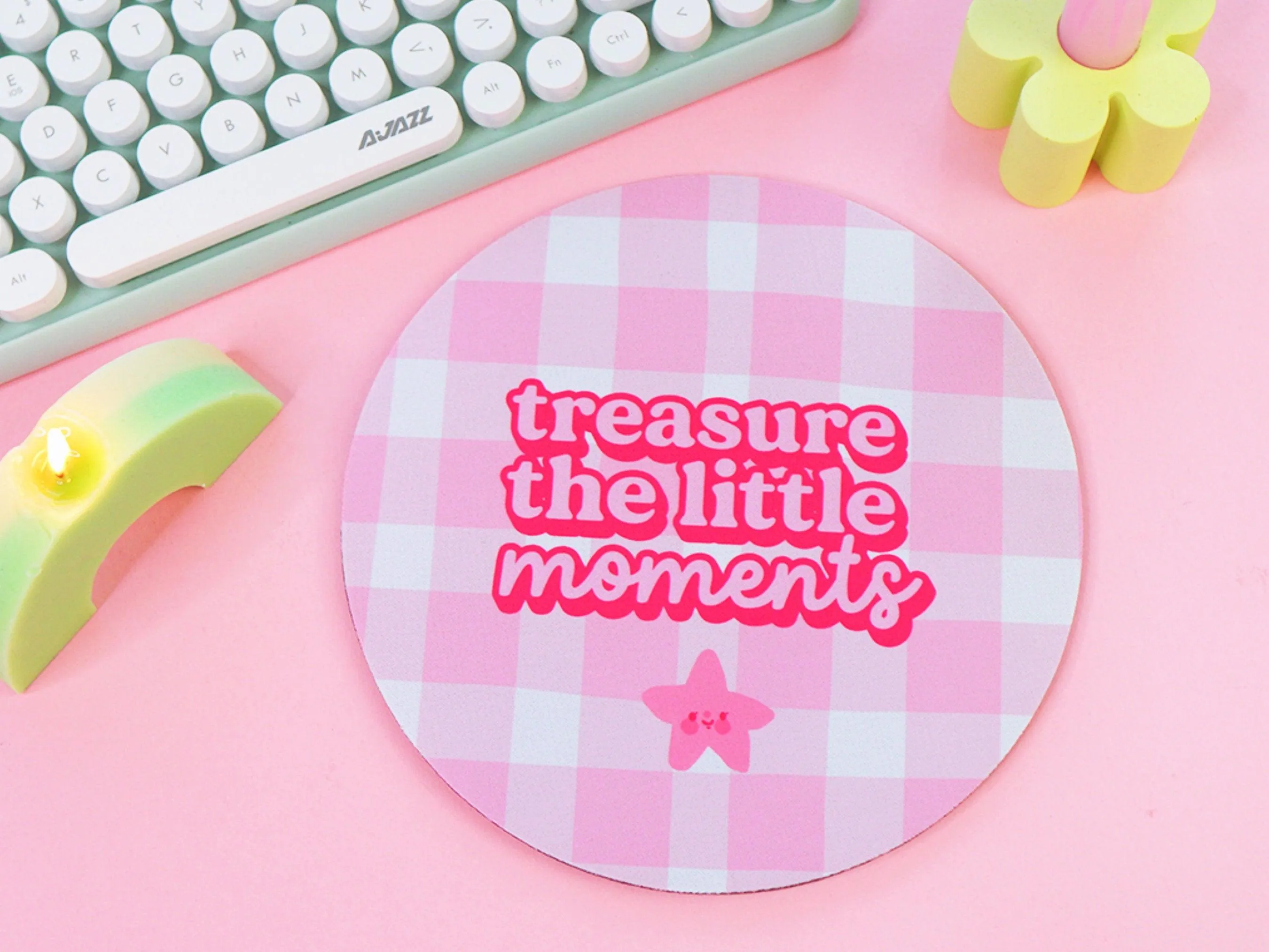 Treasure the Little Moments Mouse Pad | Kawaii Pink Gingham Desk Mat | Cute Aesthetic Office & Gaming Accessory