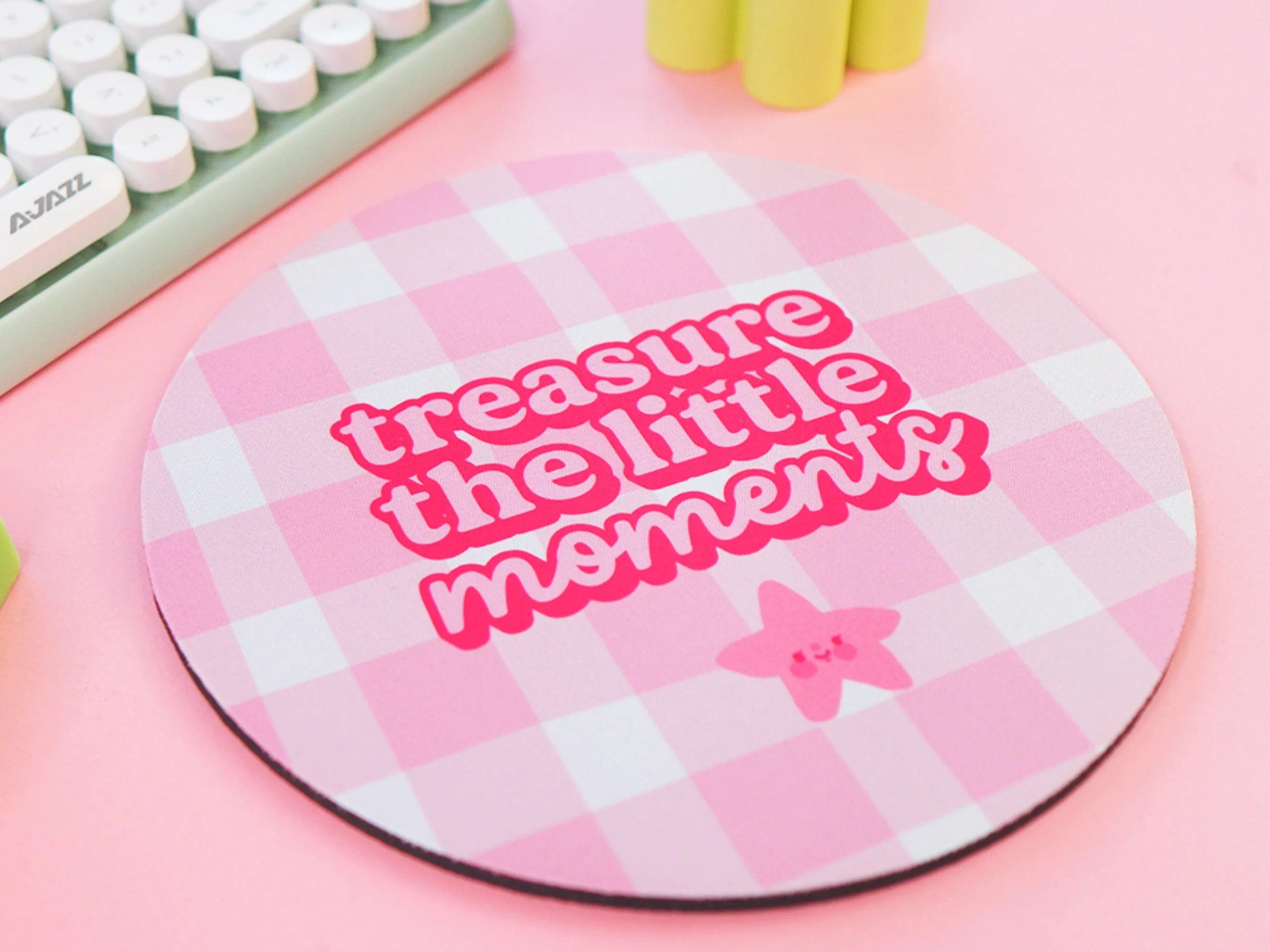 Treasure the Little Moments Mouse Pad | Kawaii Pink Gingham Desk Mat | Cute Aesthetic Office & Gaming Accessory