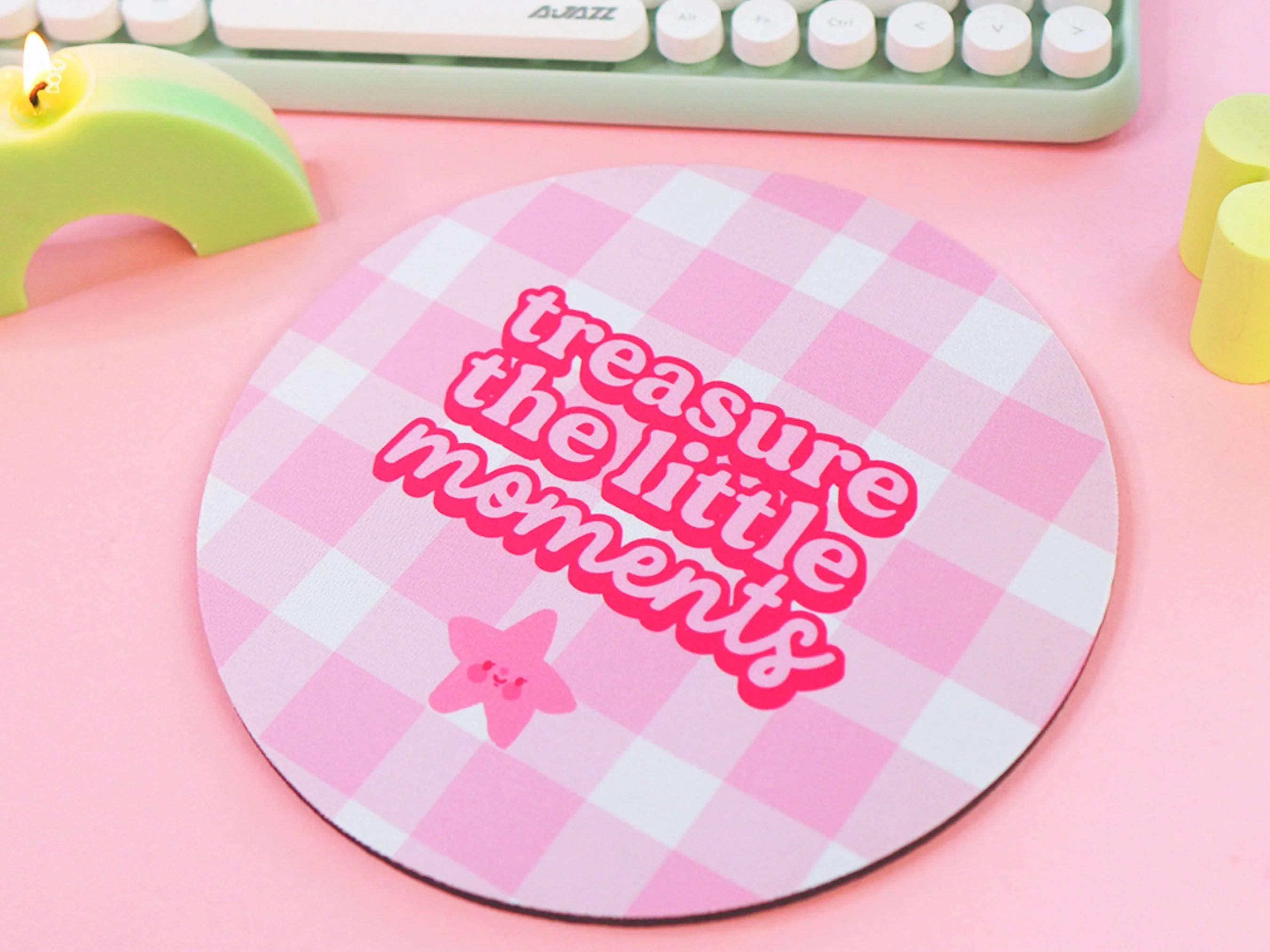 Treasure the Little Moments Mouse Pad | Kawaii Pink Gingham Desk Mat | Cute Aesthetic Office & Gaming Accessory