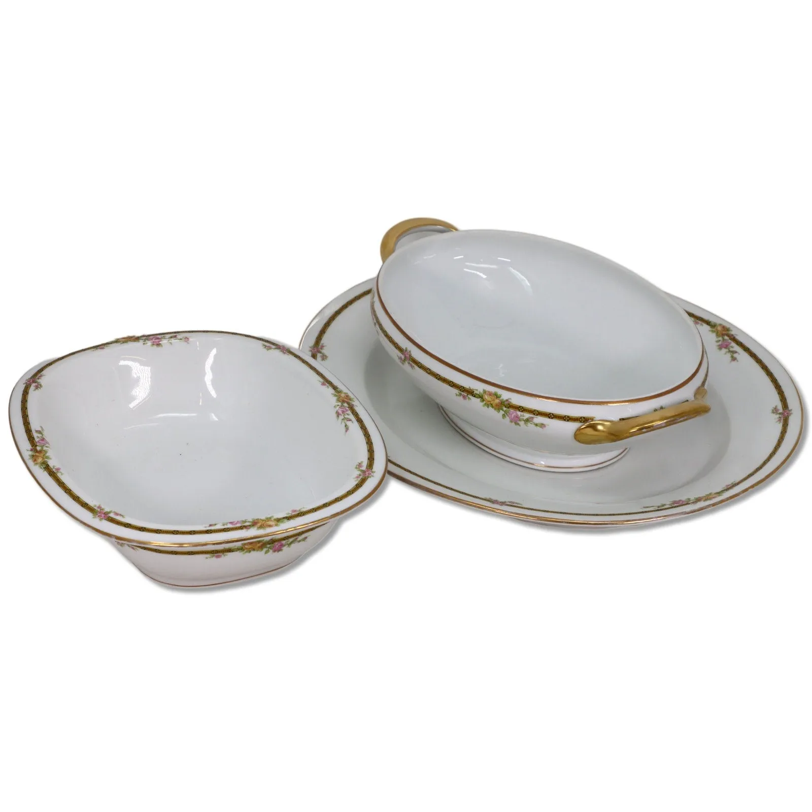 Tressemanes Vogt 3pc TV Limoges 6928 2 10" Serving Bowls 14" Platter Pink Rose