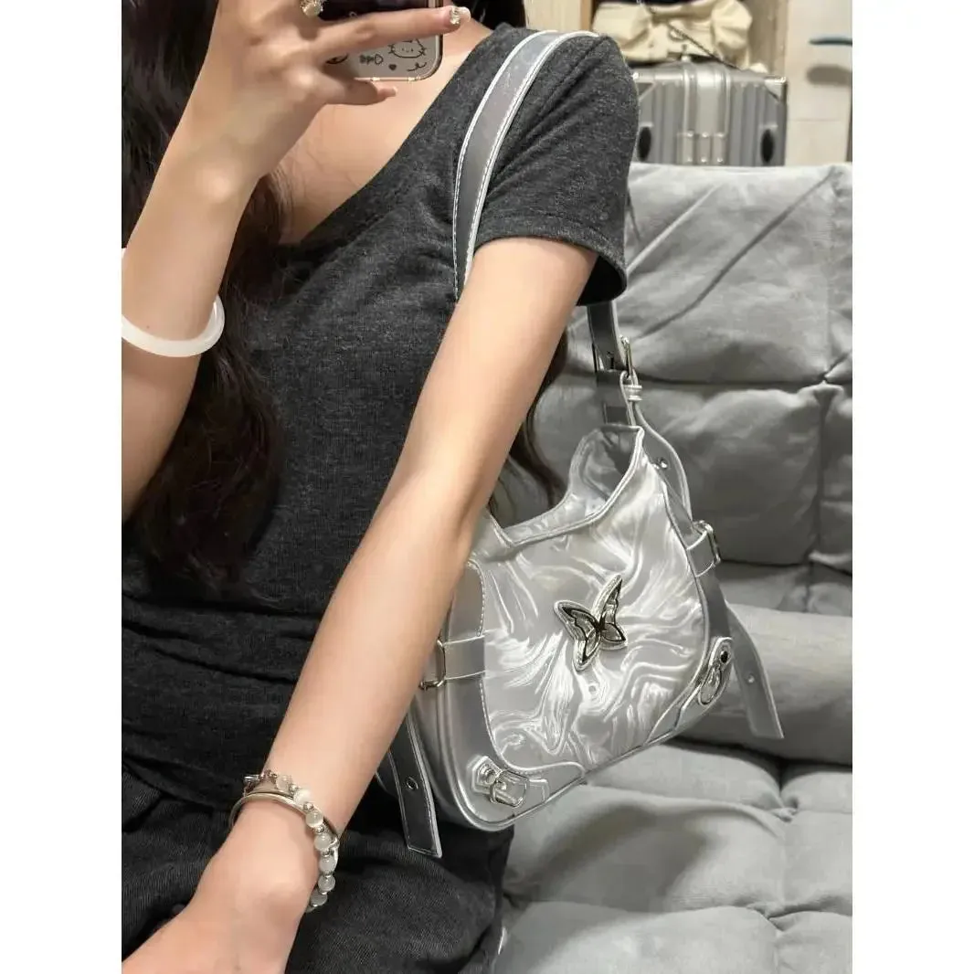 UAKISS  -  Vintage Butterfly Handbags for Women Silvery Y2k Gothic Underarm Shoulder Bag Spice Girls Fashion High Street Biker Bags