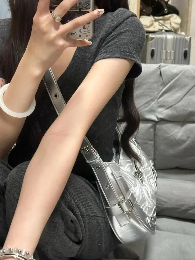 UAKISS  -  Vintage Butterfly Handbags for Women Silvery Y2k Gothic Underarm Shoulder Bag Spice Girls Fashion High Street Biker Bags
