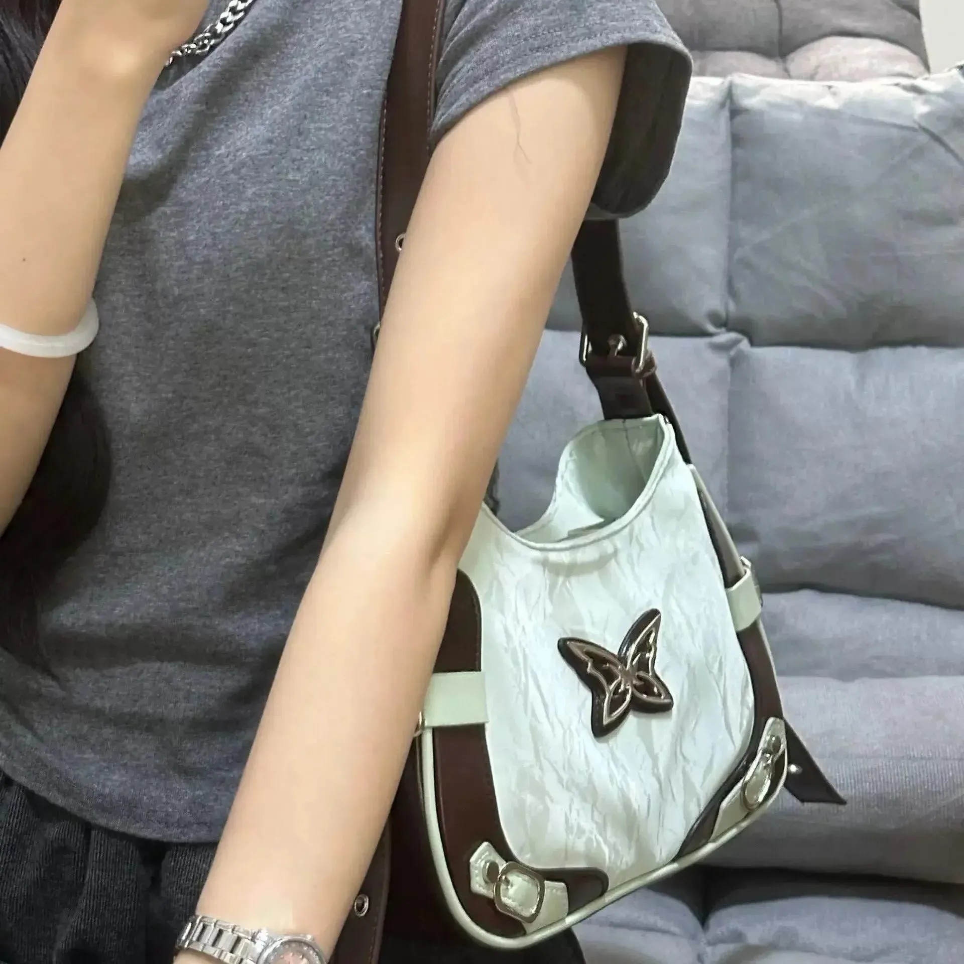 UAKISS  -  Vintage Butterfly Handbags for Women Silvery Y2k Gothic Underarm Shoulder Bag Spice Girls Fashion High Street Biker Bags