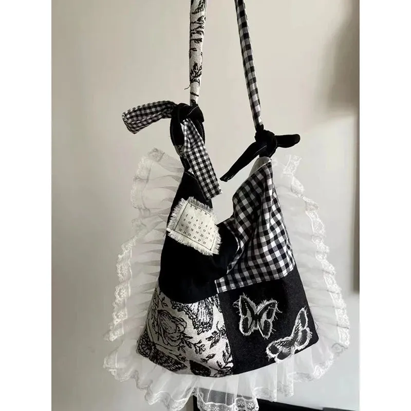 Uakiss Vintage Women Bags Designer Plaid Butterfly Patchwork Crossbody Shoulder Bags Female Light Aesthetic Lace Bolso Mujer