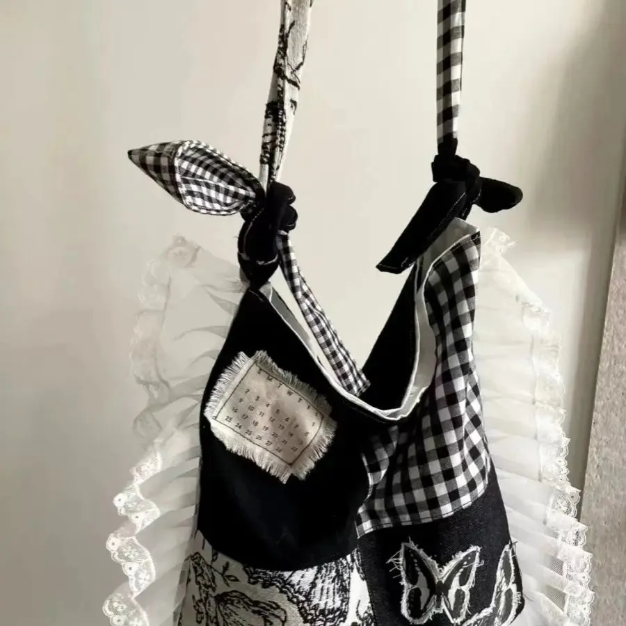 Uakiss Vintage Women Bags Designer Plaid Butterfly Patchwork Crossbody Shoulder Bags Female Light Aesthetic Lace Bolso Mujer