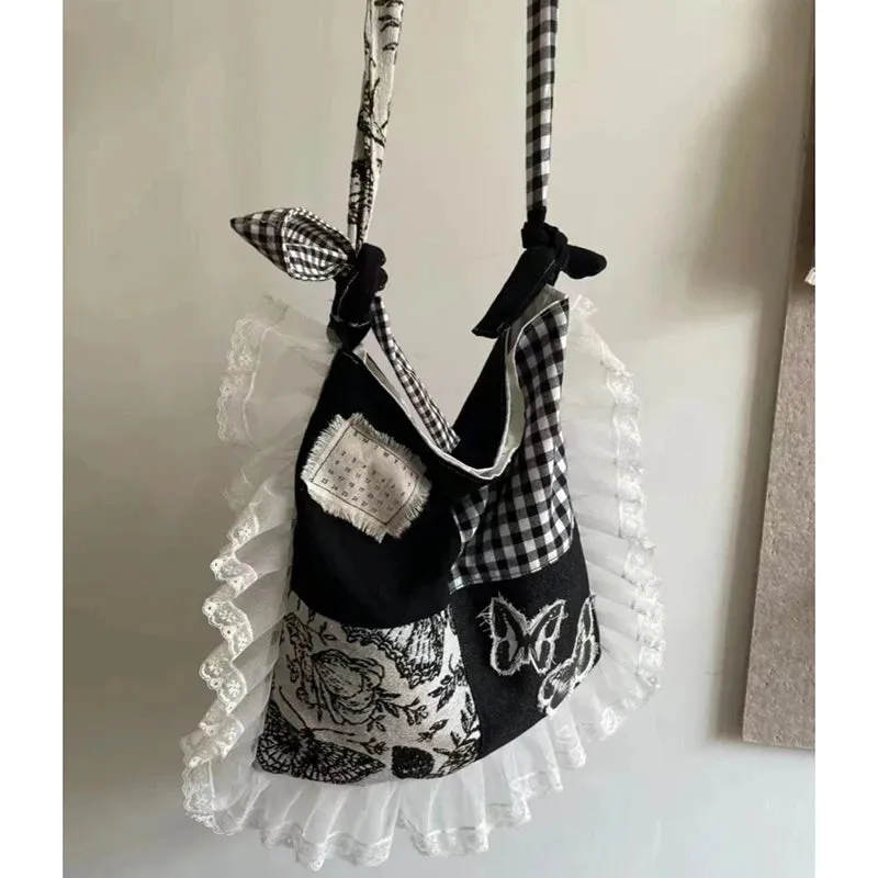 Uakiss Vintage Women Bags Designer Plaid Butterfly Patchwork Crossbody Shoulder Bags Female Light Aesthetic Lace Bolso Mujer