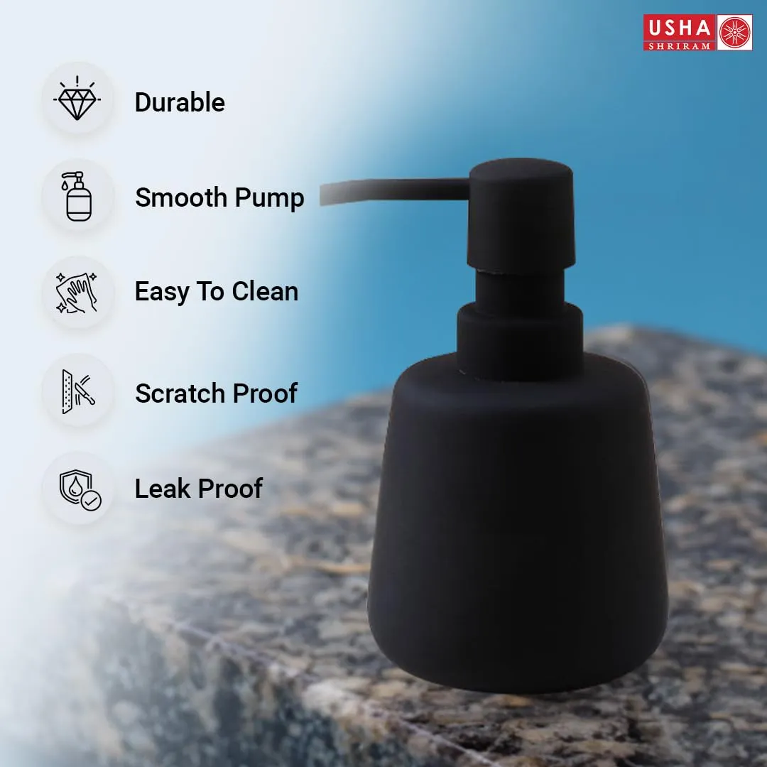 USHA SHRIRAM 260ml Soap Dispenser Bottle | Ceramic Soap & Lotion Dispenser Set | Kitchen Dish Soap Pump Dispenser Set | Hand Shower Washing Soap Dispenser (Design2 - Black, Pack of 4)