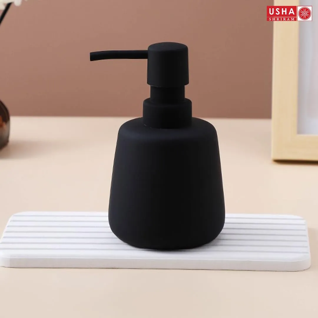USHA SHRIRAM 260ml Soap Dispenser Bottle | Ceramic Soap & Lotion Dispenser Set | Kitchen Dish Soap Pump Dispenser Set | Hand Shower Washing Soap Dispenser (Design2 - Black, Pack of 4)
