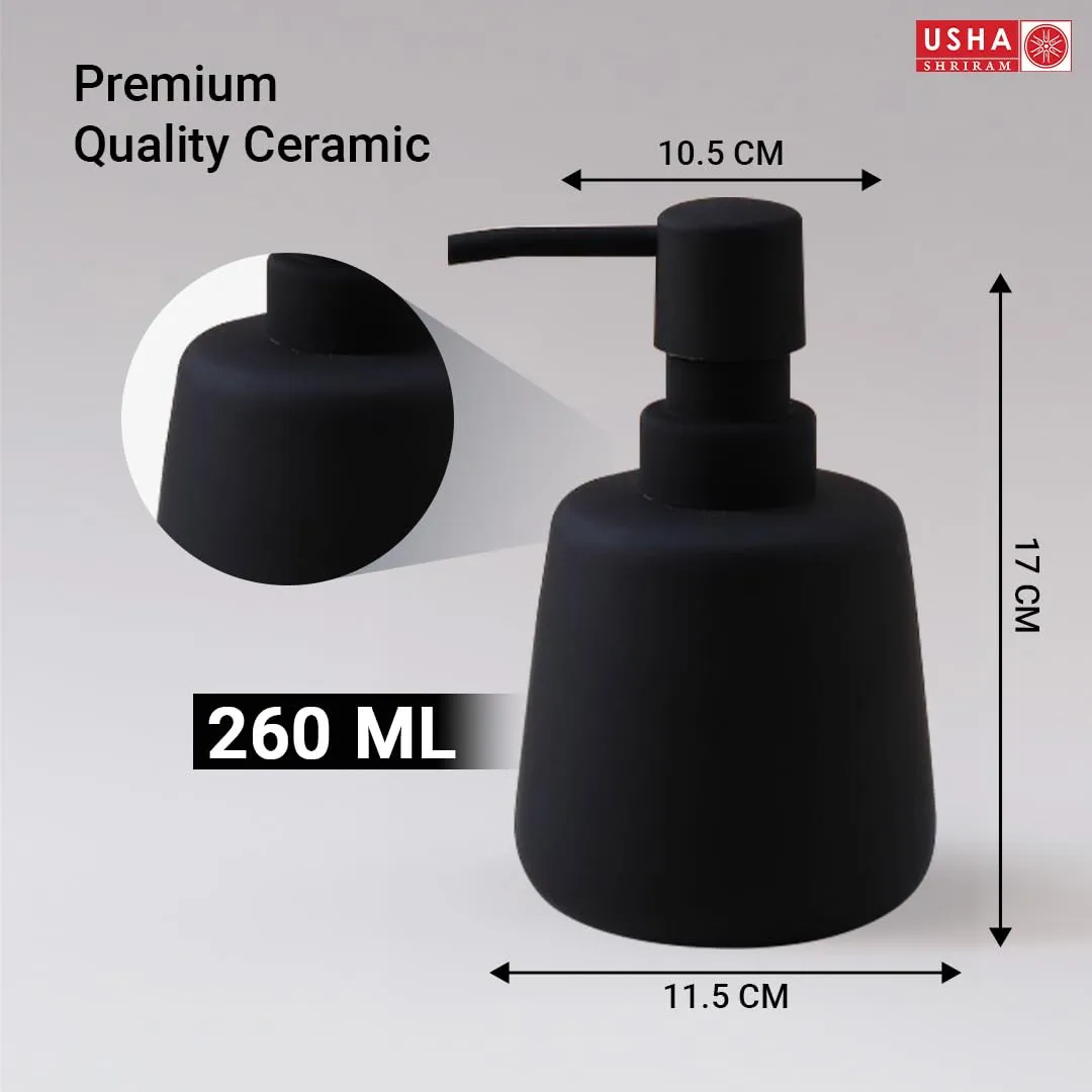 USHA SHRIRAM 260ml Soap Dispenser Bottle | Ceramic Soap & Lotion Dispenser Set | Kitchen Dish Soap Pump Dispenser Set | Hand Shower Washing Soap Dispenser (Design2 - Black, Pack of 4)
