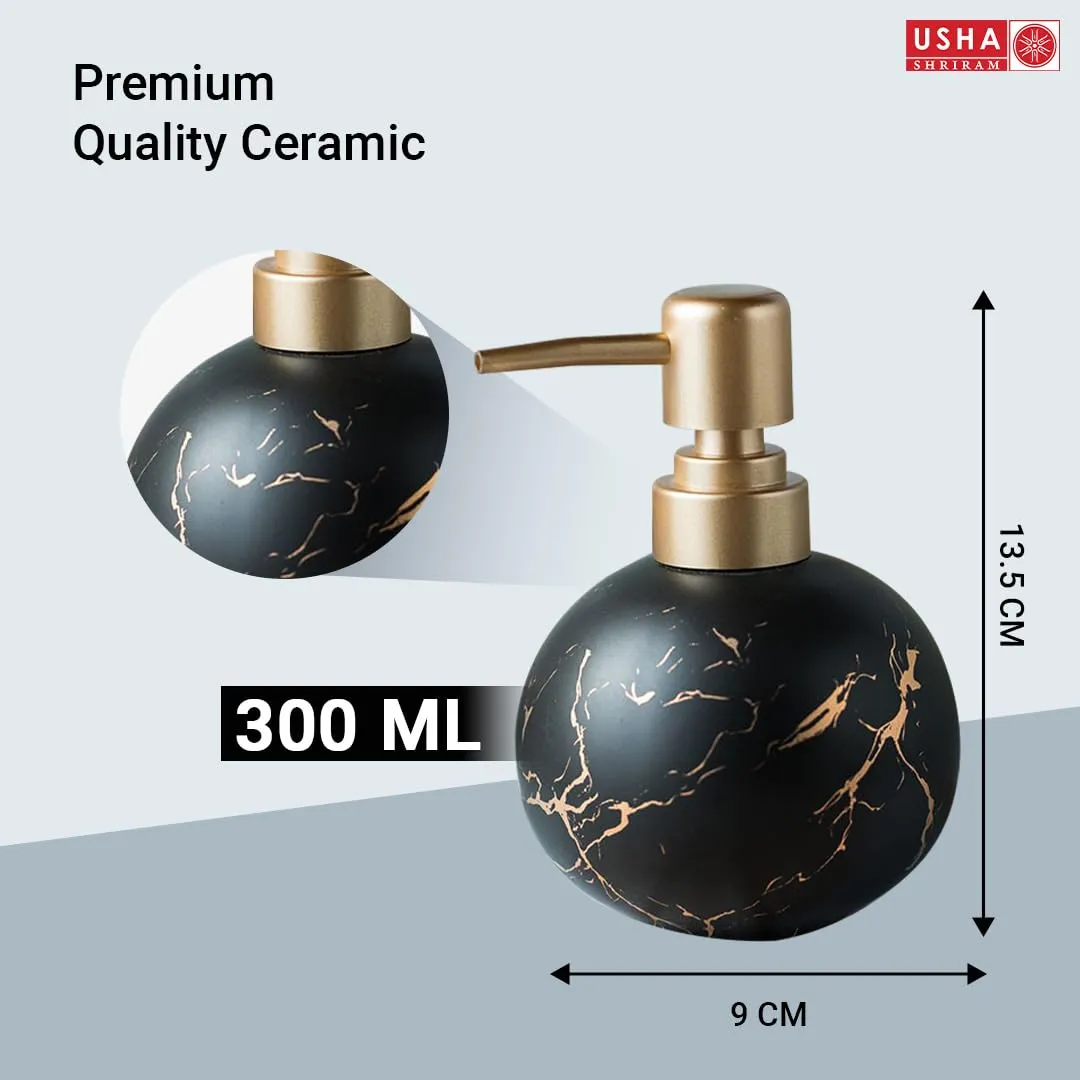 USHA SHRIRAM 300ml Soap Dispenser Bottle | Ceramic Soap & Lotion Dispenser Set | Kitchen Dish Soap Pump Dispenser Set | Hand Shower Washing Soap Dispenser (Design 1 - Black, Pack of 2)
