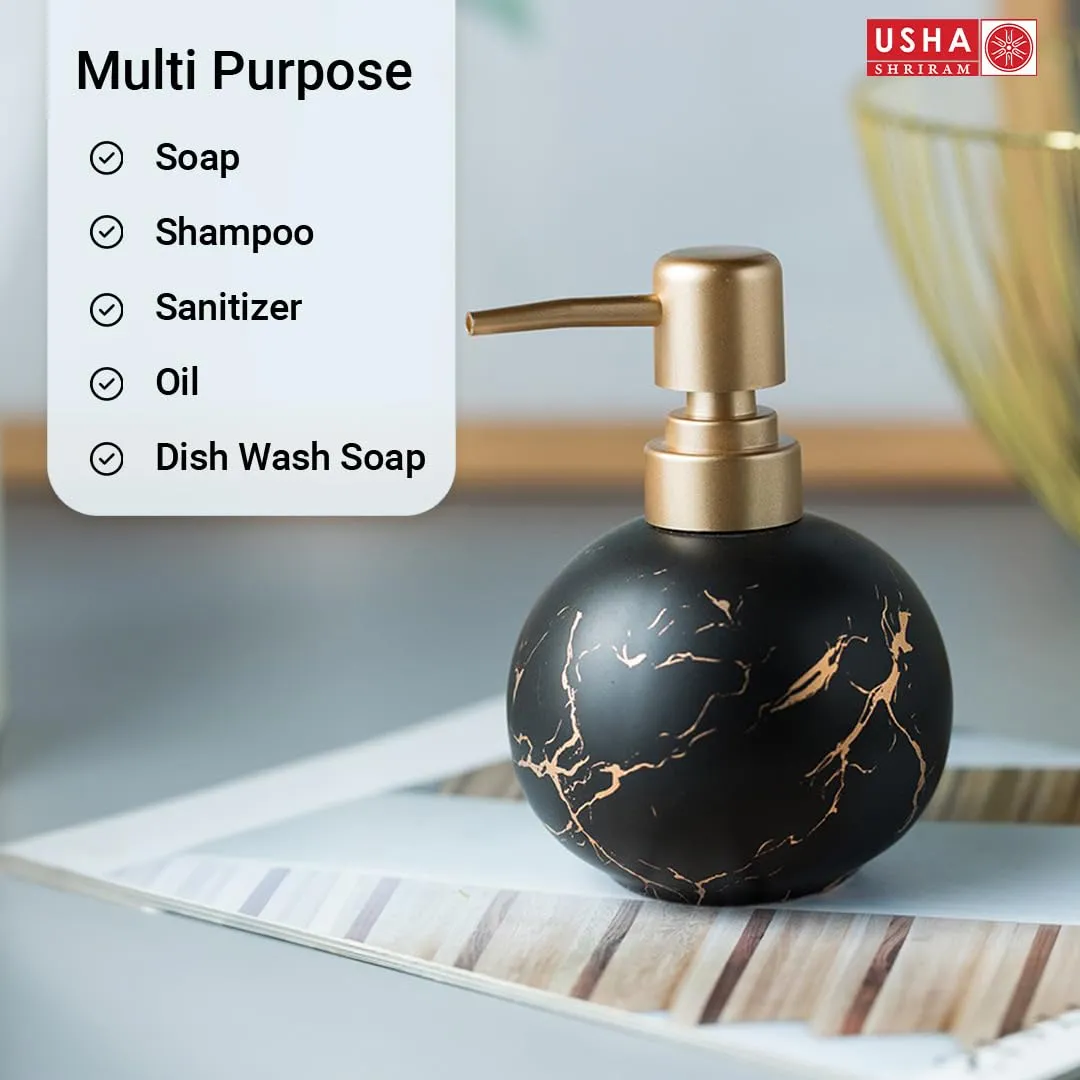 USHA SHRIRAM 300ml Soap Dispenser Bottle | Ceramic Soap & Lotion Dispenser Set | Kitchen Dish Soap Pump Dispenser Set | Hand Shower Washing Soap Dispenser (Design 1 - Black, Pack of 2)