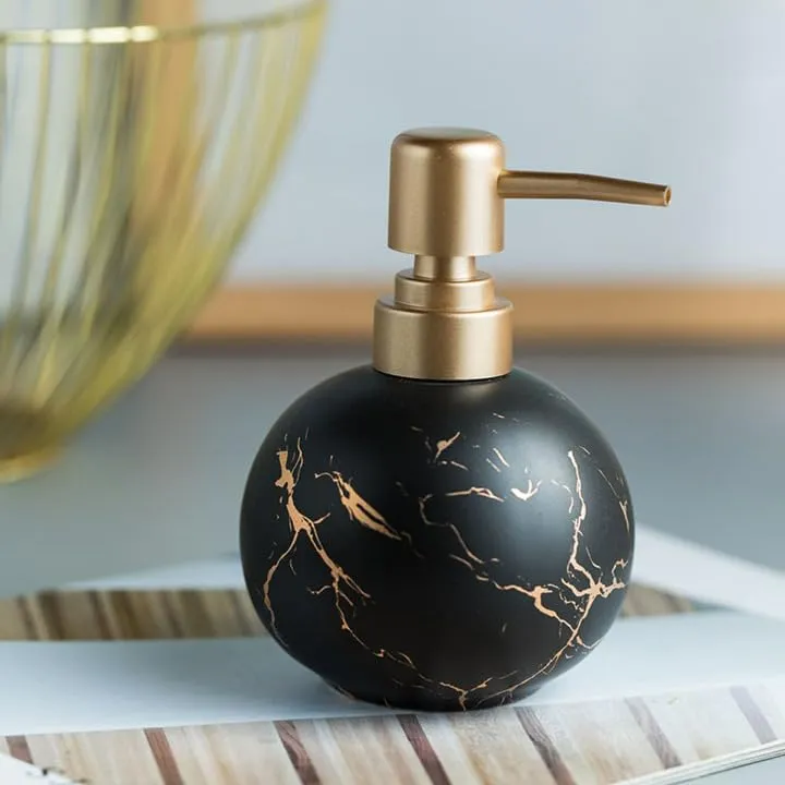 USHA SHRIRAM 300ml Soap Dispenser Bottle | Ceramic Soap & Lotion Dispenser Set | Kitchen Dish Soap Pump Dispenser Set | Hand Shower Washing Soap Dispenser (Design 1 - Black, Pack of 2)