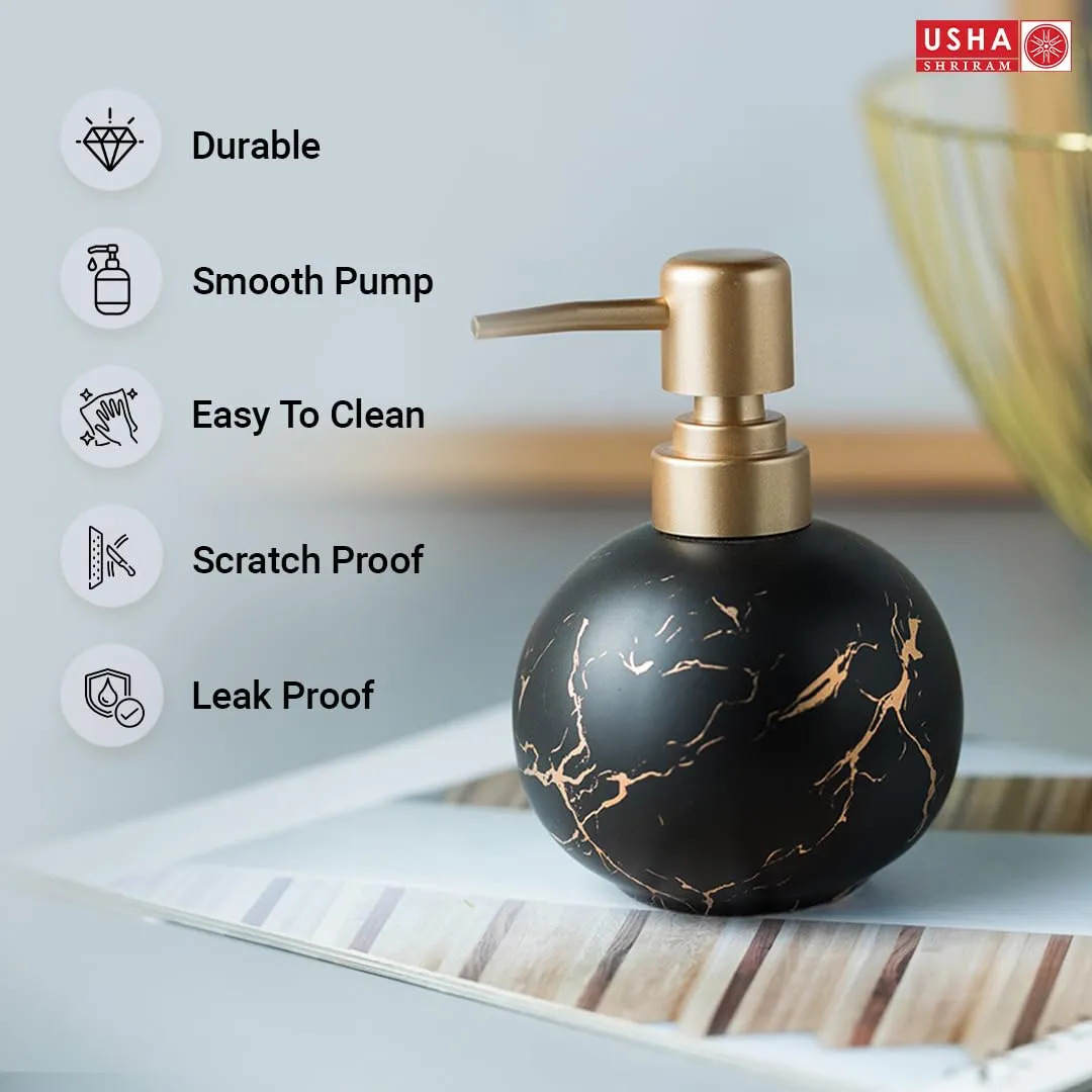 USHA SHRIRAM 300ml Soap Dispenser Bottle | Ceramic Soap & Lotion Dispenser Set | Kitchen Dish Soap Pump Dispenser Set | Hand Shower Washing Soap Dispenser (Design 1 - Black, Pack of 2)
