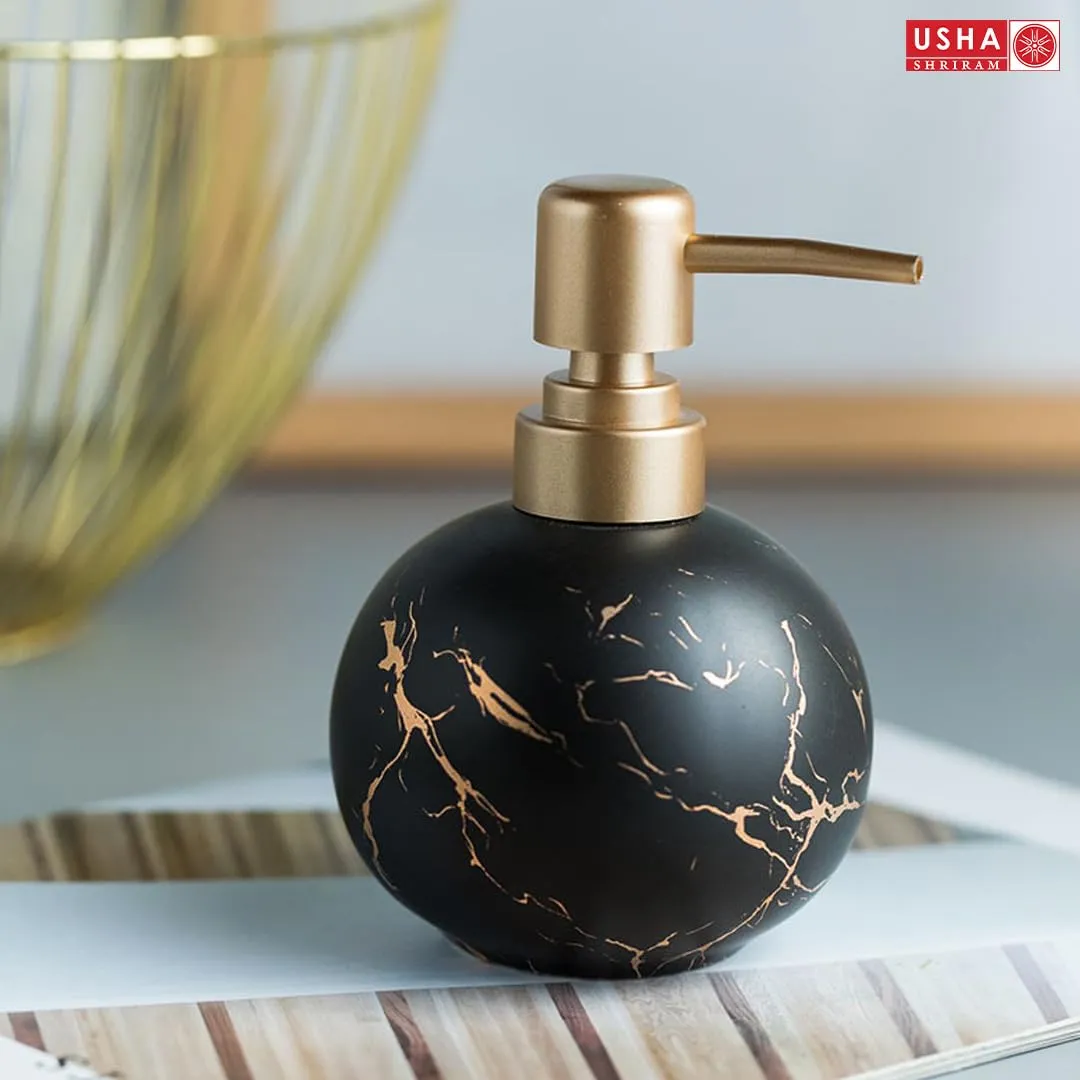 USHA SHRIRAM 300ml Soap Dispenser Bottle | Ceramic Soap & Lotion Dispenser Set | Kitchen Dish Soap Pump Dispenser Set | Hand Shower Washing Soap Dispenser (Design 1 - Black, Pack of 2)