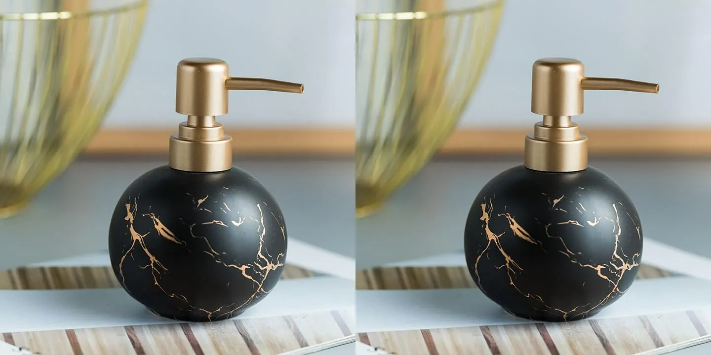 USHA SHRIRAM 300ml Soap Dispenser Bottle | Ceramic Soap & Lotion Dispenser Set | Kitchen Dish Soap Pump Dispenser Set | Hand Shower Washing Soap Dispenser (Design 1 - Black, Pack of 2)
