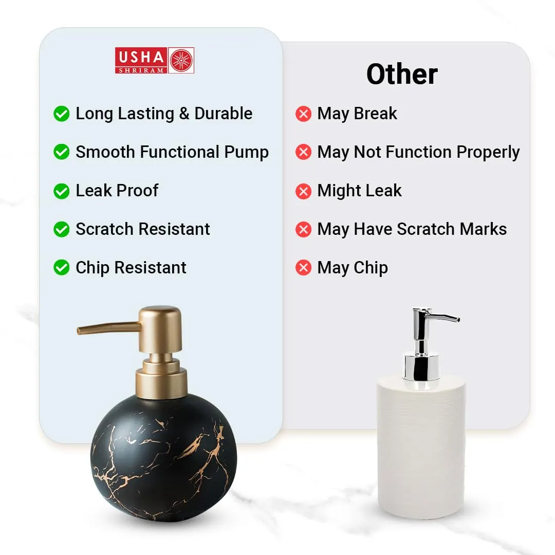 USHA SHRIRAM 300ml Soap Dispenser Bottle | Ceramic Soap & Lotion Dispenser Set | Kitchen Dish Soap Pump Dispenser Set | Hand Shower Washing Soap Dispenser (Design 1 - Black, Pack of 2)