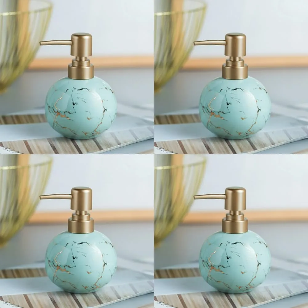 USHA SHRIRAM 300ml Soap Dispenser Bottle | Ceramic Soap & Lotion Dispenser Set | Kitchen Dish Soap Pump Dispenser Set | Hand Shower Washing Soap Dispenser (Design 1 - Blue, Pack of 4)