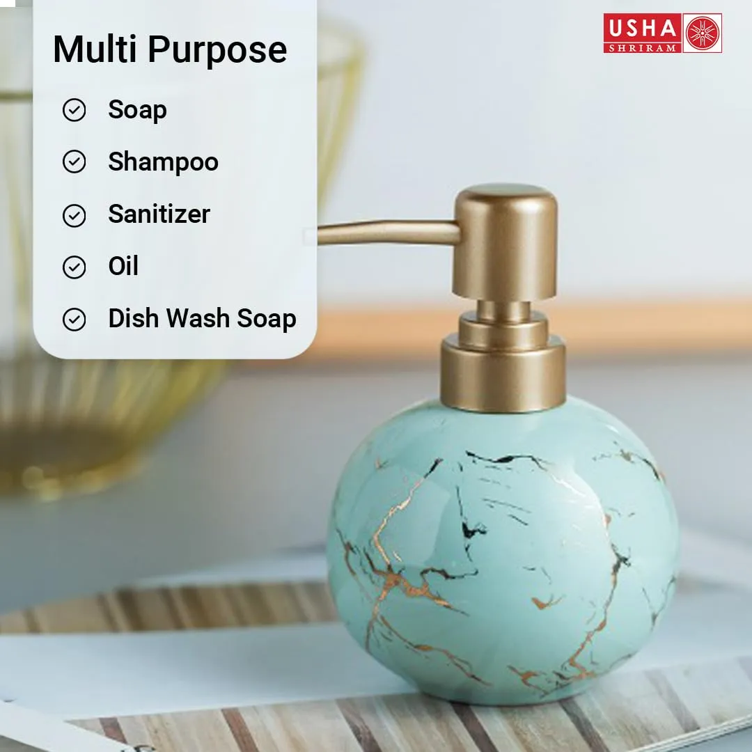 USHA SHRIRAM 300ml Soap Dispenser Bottle | Ceramic Soap & Lotion Dispenser Set | Kitchen Dish Soap Pump Dispenser Set | Hand Shower Washing Soap Dispenser (Design 1 - Blue, Pack of 4)