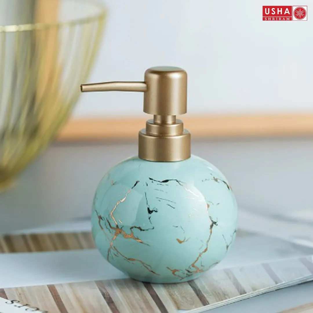 USHA SHRIRAM 300ml Soap Dispenser Bottle | Ceramic Soap & Lotion Dispenser Set | Kitchen Dish Soap Pump Dispenser Set | Hand Shower Washing Soap Dispenser (Design 1 - Blue, Pack of 4)
