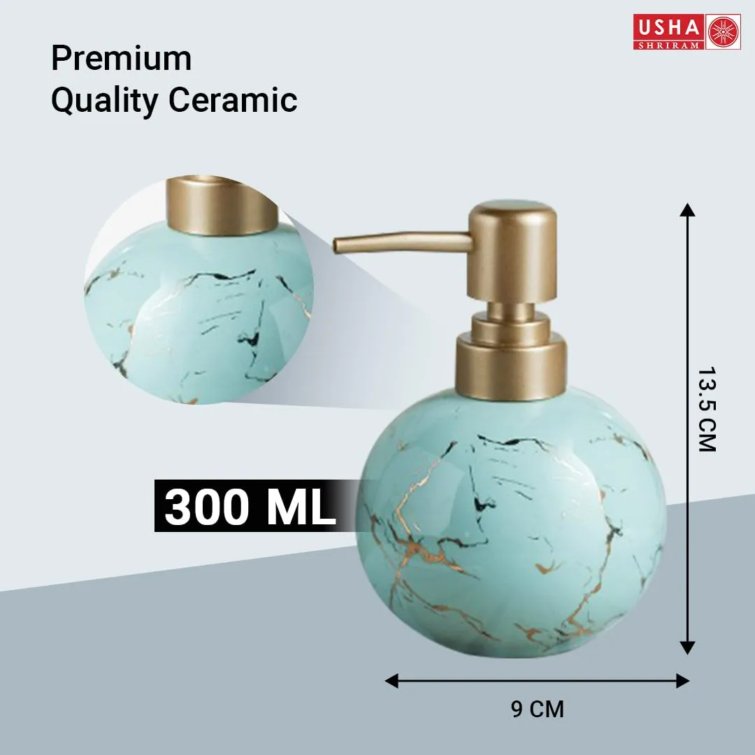USHA SHRIRAM 300ml Soap Dispenser Bottle | Ceramic Soap & Lotion Dispenser Set | Kitchen Dish Soap Pump Dispenser Set | Hand Shower Washing Soap Dispenser (Design 1 - Blue, Pack of 4)
