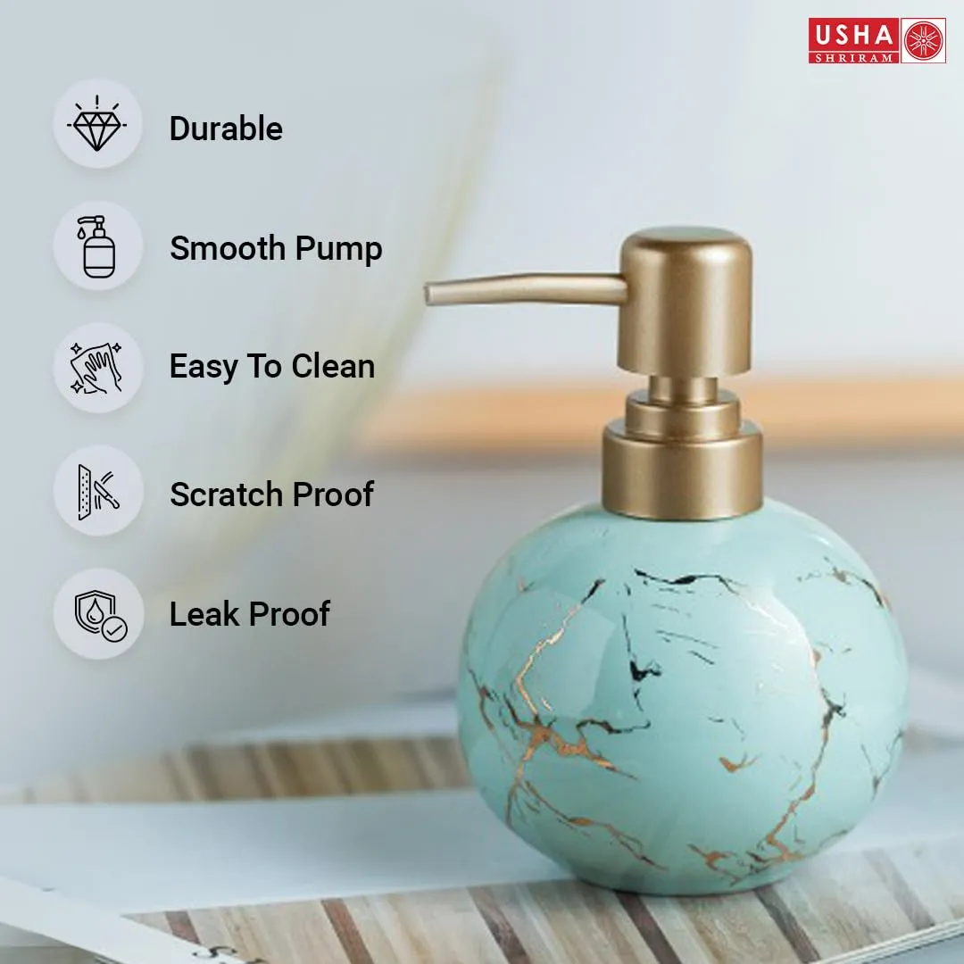 USHA SHRIRAM 300ml Soap Dispenser Bottle | Ceramic Soap & Lotion Dispenser Set | Kitchen Dish Soap Pump Dispenser Set | Hand Shower Washing Soap Dispenser (Design 1 - Blue, Pack of 4)