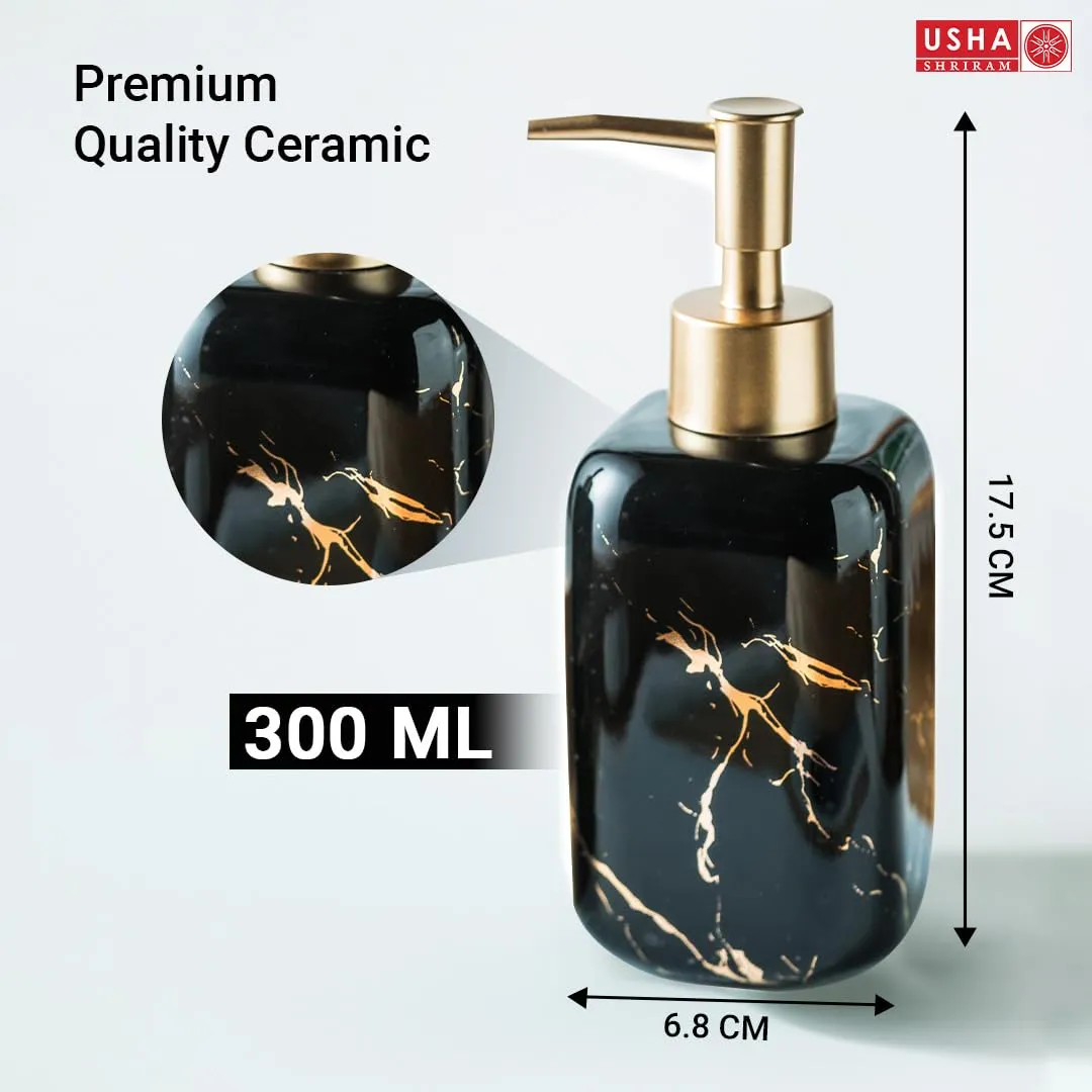 USHA SHRIRAM 300ml Soap Dispenser Bottle | Ceramic Soap & Lotion Dispenser Set | Kitchen Dish Soap Pump Dispenser Set | Hand Shower Washing Soap Dispenser (Design 2 - Black, Pack of 2)
