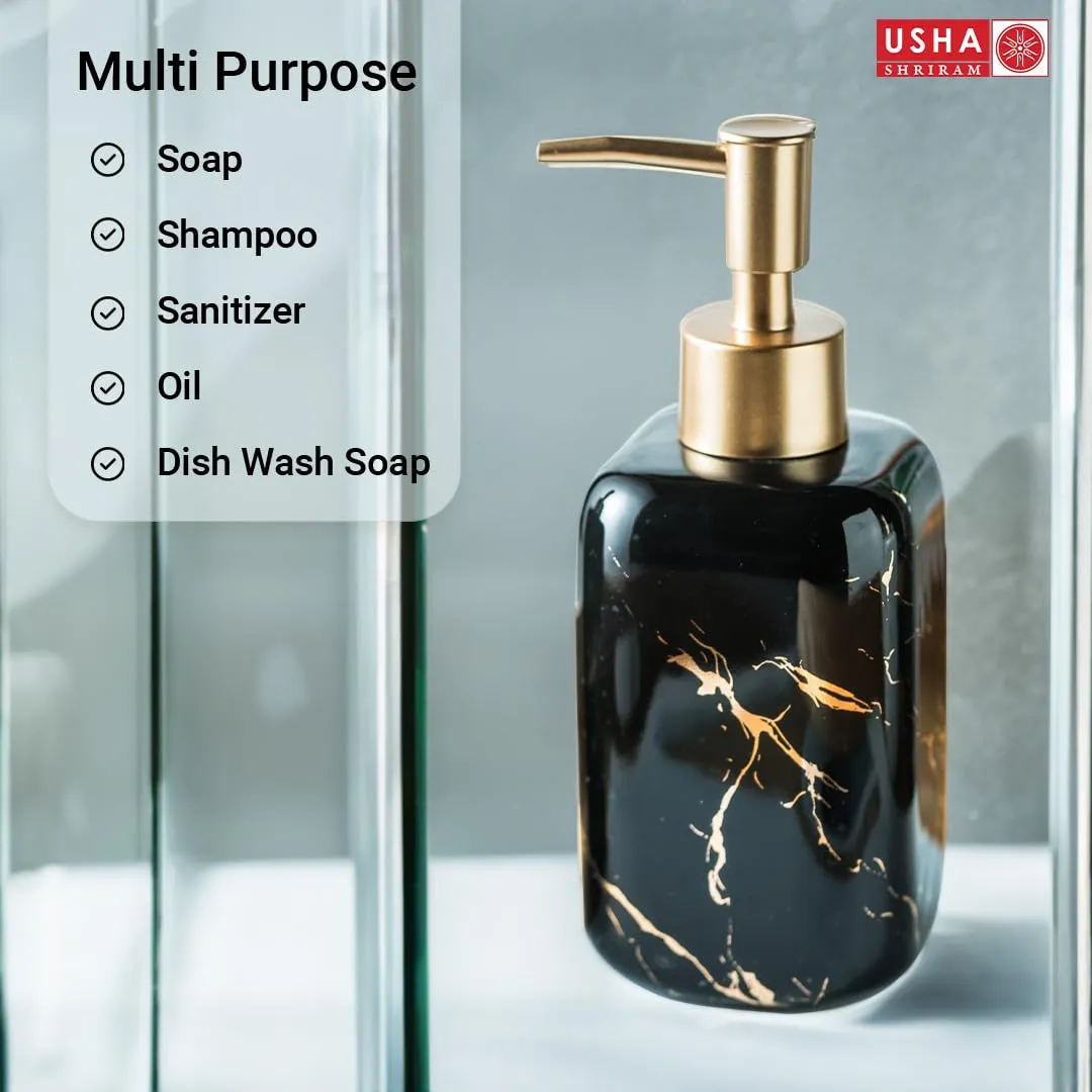 USHA SHRIRAM 300ml Soap Dispenser Bottle | Ceramic Soap & Lotion Dispenser Set | Kitchen Dish Soap Pump Dispenser Set | Hand Shower Washing Soap Dispenser (Design 2 - Black, Pack of 2)