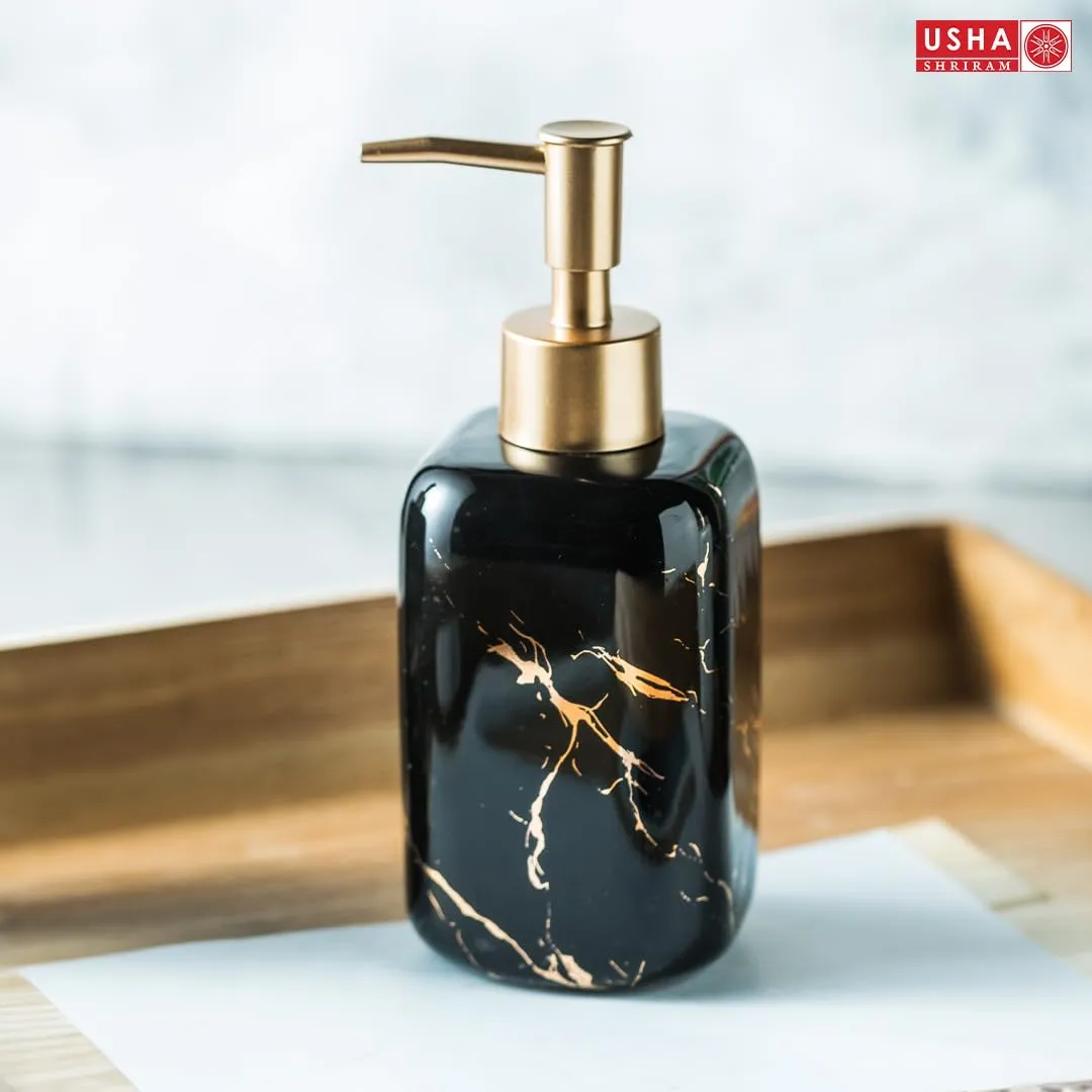 USHA SHRIRAM 300ml Soap Dispenser Bottle | Ceramic Soap & Lotion Dispenser Set | Kitchen Dish Soap Pump Dispenser Set | Hand Shower Washing Soap Dispenser (Design 2 - Black, Pack of 2)