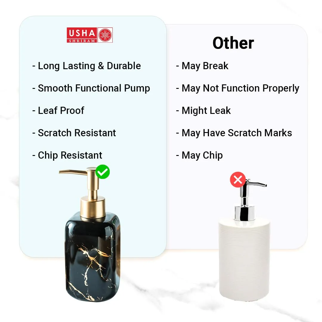 USHA SHRIRAM 300ml Soap Dispenser Bottle | Ceramic Soap & Lotion Dispenser Set | Kitchen Dish Soap Pump Dispenser Set | Hand Shower Washing Soap Dispenser (Design 2 - Black, Pack of 2)
