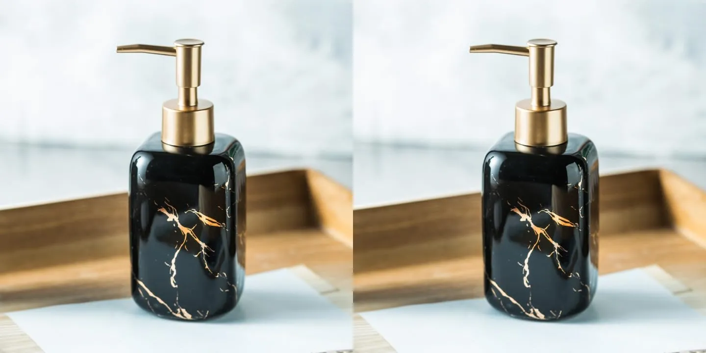 USHA SHRIRAM 300ml Soap Dispenser Bottle | Ceramic Soap & Lotion Dispenser Set | Kitchen Dish Soap Pump Dispenser Set | Hand Shower Washing Soap Dispenser (Design 2 - Black, Pack of 2)