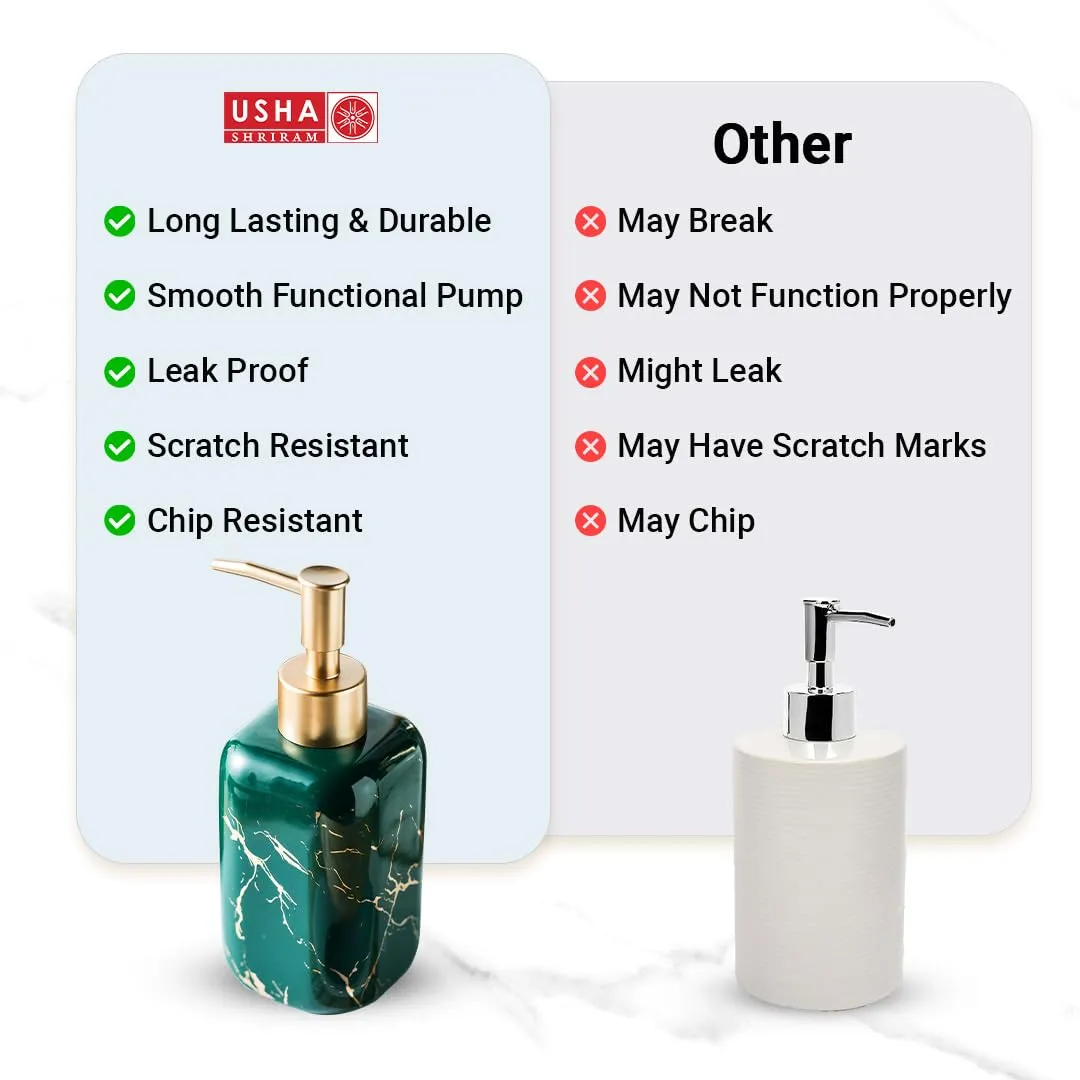 USHA SHRIRAM 300ml Soap Dispenser Bottle | Ceramic Soap & Lotion Dispenser Set | Kitchen Dish Soap Pump Dispenser Set | Hand Shower Washing Soap Dispenser (Design 2 - Green, Pack of 2)
