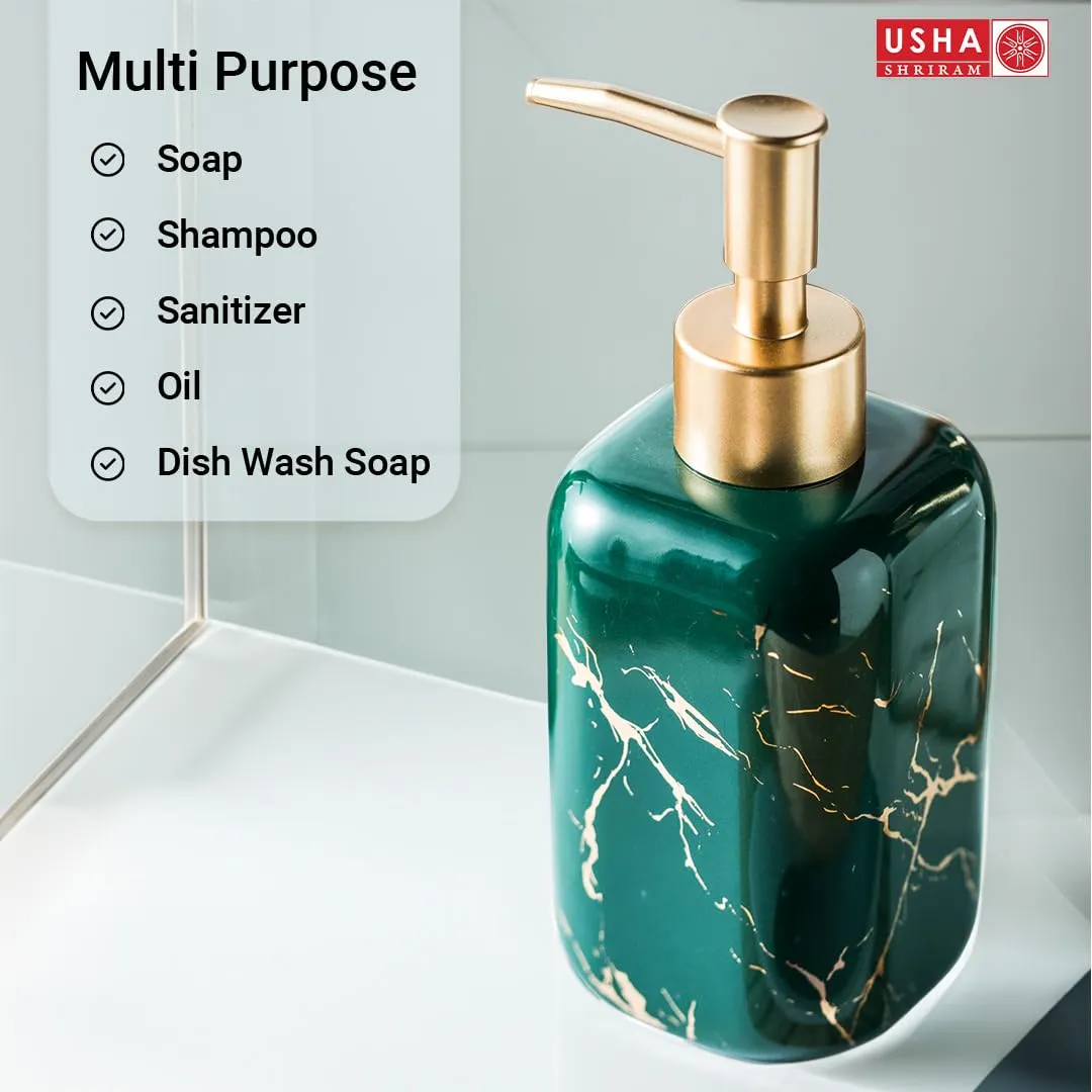 USHA SHRIRAM 300ml Soap Dispenser Bottle | Ceramic Soap & Lotion Dispenser Set | Kitchen Dish Soap Pump Dispenser Set | Hand Shower Washing Soap Dispenser (Design 2 - Green, Pack of 2)