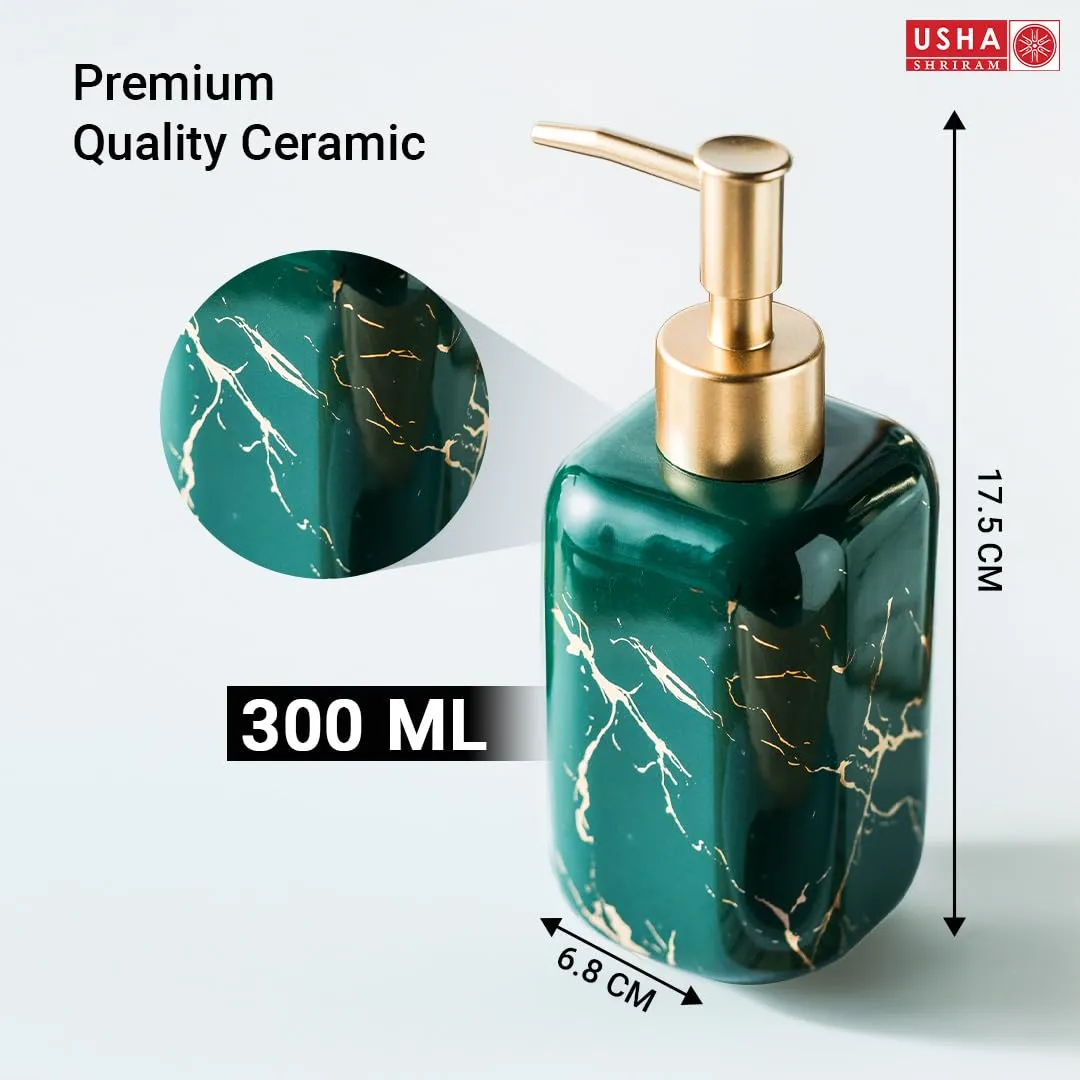 USHA SHRIRAM 300ml Soap Dispenser Bottle | Ceramic Soap & Lotion Dispenser Set | Kitchen Dish Soap Pump Dispenser Set | Hand Shower Washing Soap Dispenser (Design 2 - Green, Pack of 2)