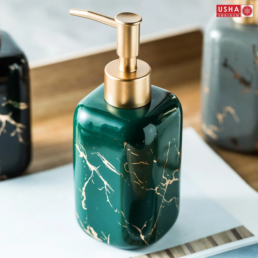 USHA SHRIRAM 300ml Soap Dispenser Bottle | Ceramic Soap & Lotion Dispenser Set | Kitchen Dish Soap Pump Dispenser Set | Hand Shower Washing Soap Dispenser (Design 2 - Green, Pack of 2)