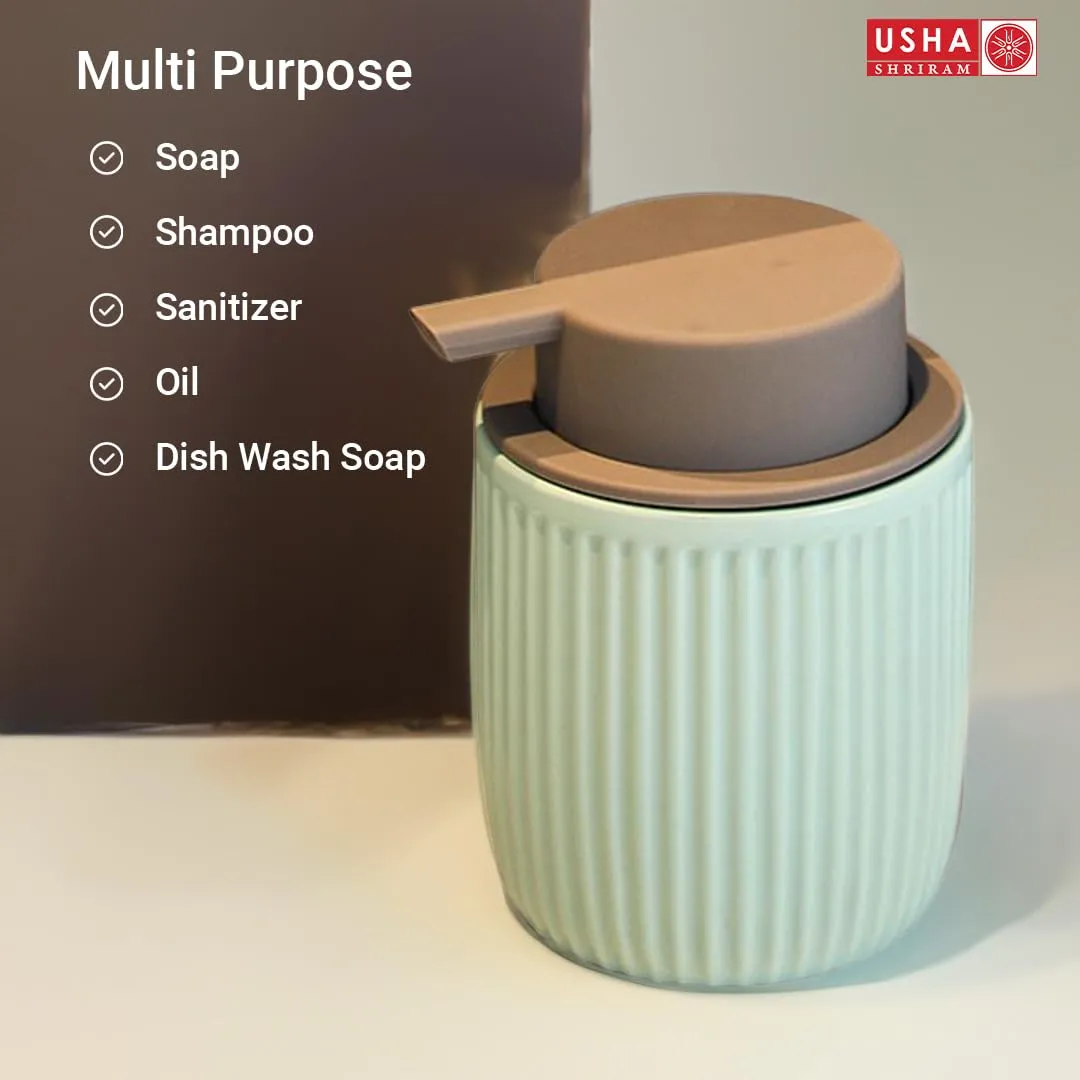 USHA SHRIRAM 320ml Soap Dispenser Bottle | Ceramic Soap & Lotion Dispenser Set | Kitchen Dish Soap Pump Dispenser Set | Hand Shower Washing Soap Dispenser (Design 2 - Blue, Pack of 2)