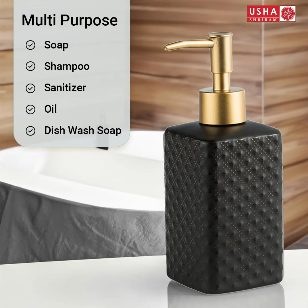 USHA SHRIRAM 350ml Soap Dispenser Bottle | Ceramic Soap & Lotion Dispenser Set | Kitchen Dish Soap Pump Dispenser Set | Hand Shower Washing Soap Dispenser (Deisgn 3 - Black, Pack of 2)