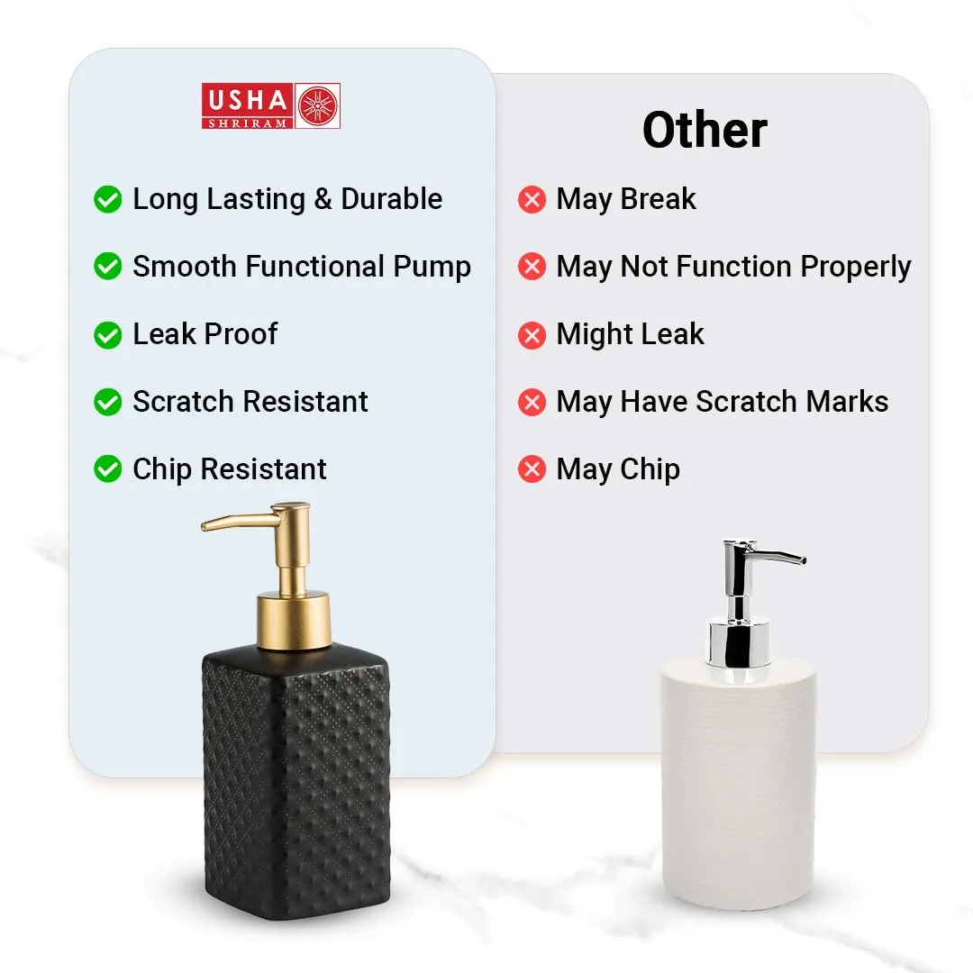 USHA SHRIRAM 350ml Soap Dispenser Bottle | Ceramic Soap & Lotion Dispenser Set | Kitchen Dish Soap Pump Dispenser Set | Hand Shower Washing Soap Dispenser (Deisgn 3 - Black, Pack of 2)