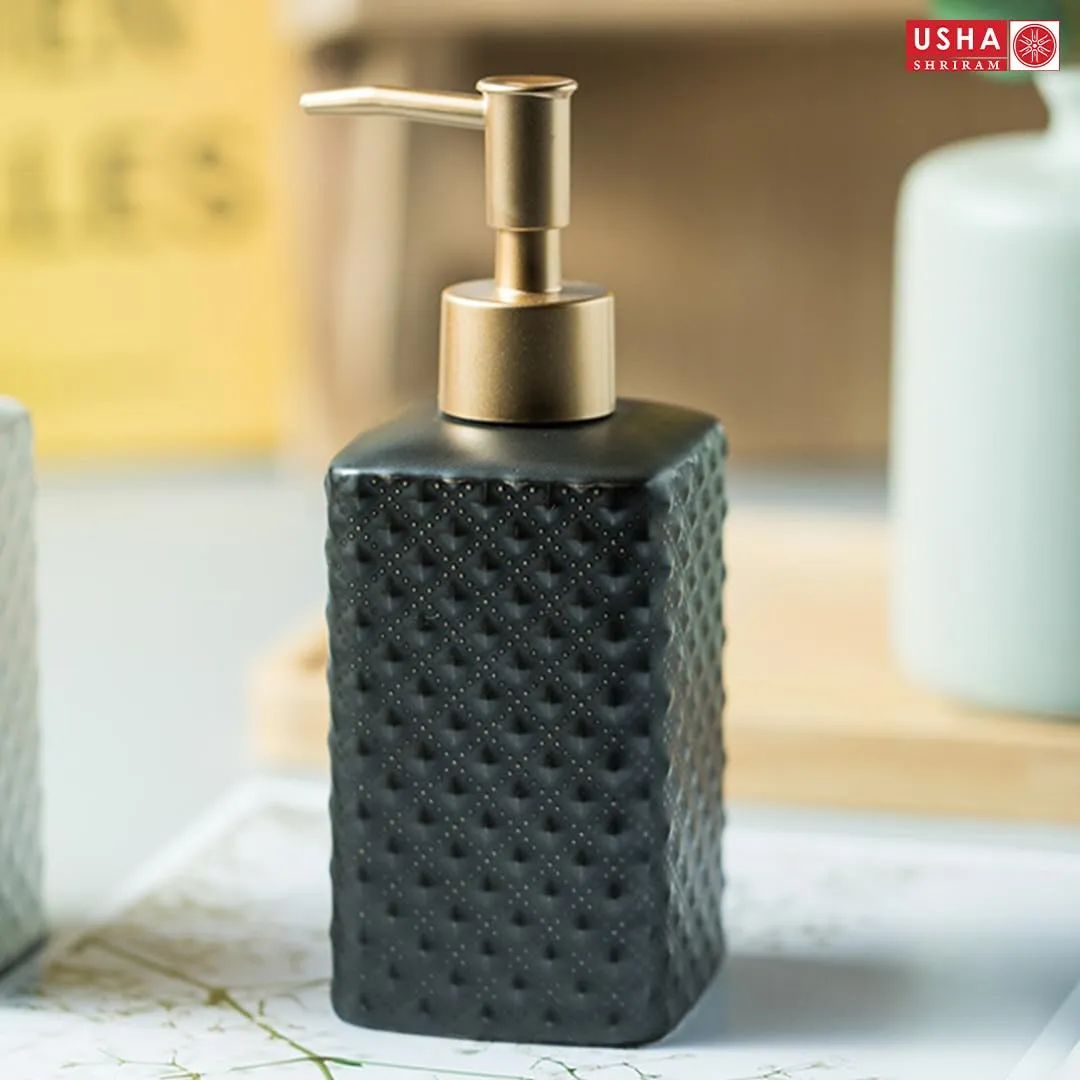 USHA SHRIRAM 350ml Soap Dispenser Bottle | Ceramic Soap & Lotion Dispenser Set | Kitchen Dish Soap Pump Dispenser Set | Hand Shower Washing Soap Dispenser (Deisgn 3 - Black, Pack of 2)