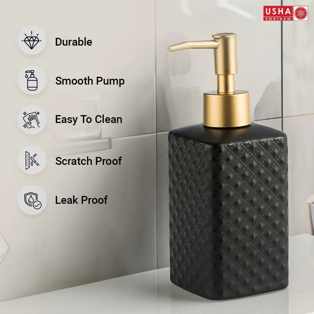 USHA SHRIRAM 350ml Soap Dispenser Bottle | Ceramic Soap & Lotion Dispenser Set | Kitchen Dish Soap Pump Dispenser Set | Hand Shower Washing Soap Dispenser (Deisgn 3 - Black, Pack of 2)