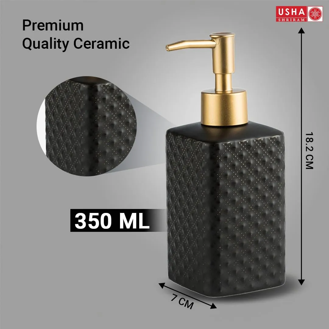 USHA SHRIRAM 350ml Soap Dispenser Bottle | Ceramic Soap & Lotion Dispenser Set | Kitchen Dish Soap Pump Dispenser Set | Hand Shower Washing Soap Dispenser (Deisgn 3 - Black, Pack of 2)