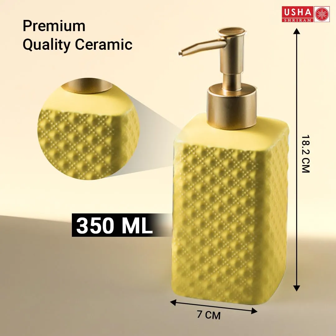 USHA SHRIRAM 350ml Soap Dispenser Bottle | Ceramic Soap & Lotion Dispenser Set | Kitchen Dish Soap Pump Dispenser Set | Hand Shower Washing Soap Dispenser (Deisgn 3 - Yellow, Pack of 4)