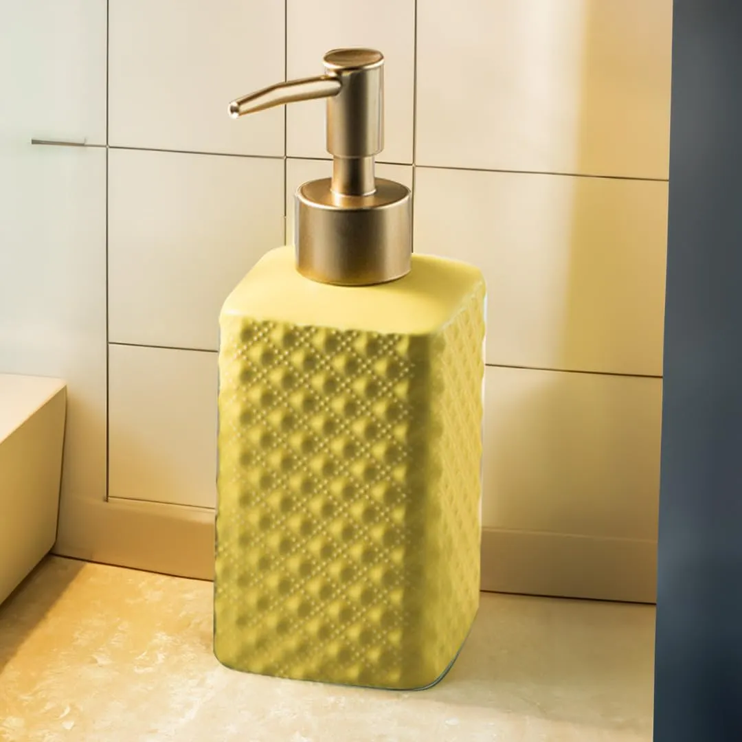 USHA SHRIRAM 350ml Soap Dispenser Bottle | Ceramic Soap & Lotion Dispenser Set | Kitchen Dish Soap Pump Dispenser Set | Hand Shower Washing Soap Dispenser (Deisgn 3 - Yellow, Pack of 4)