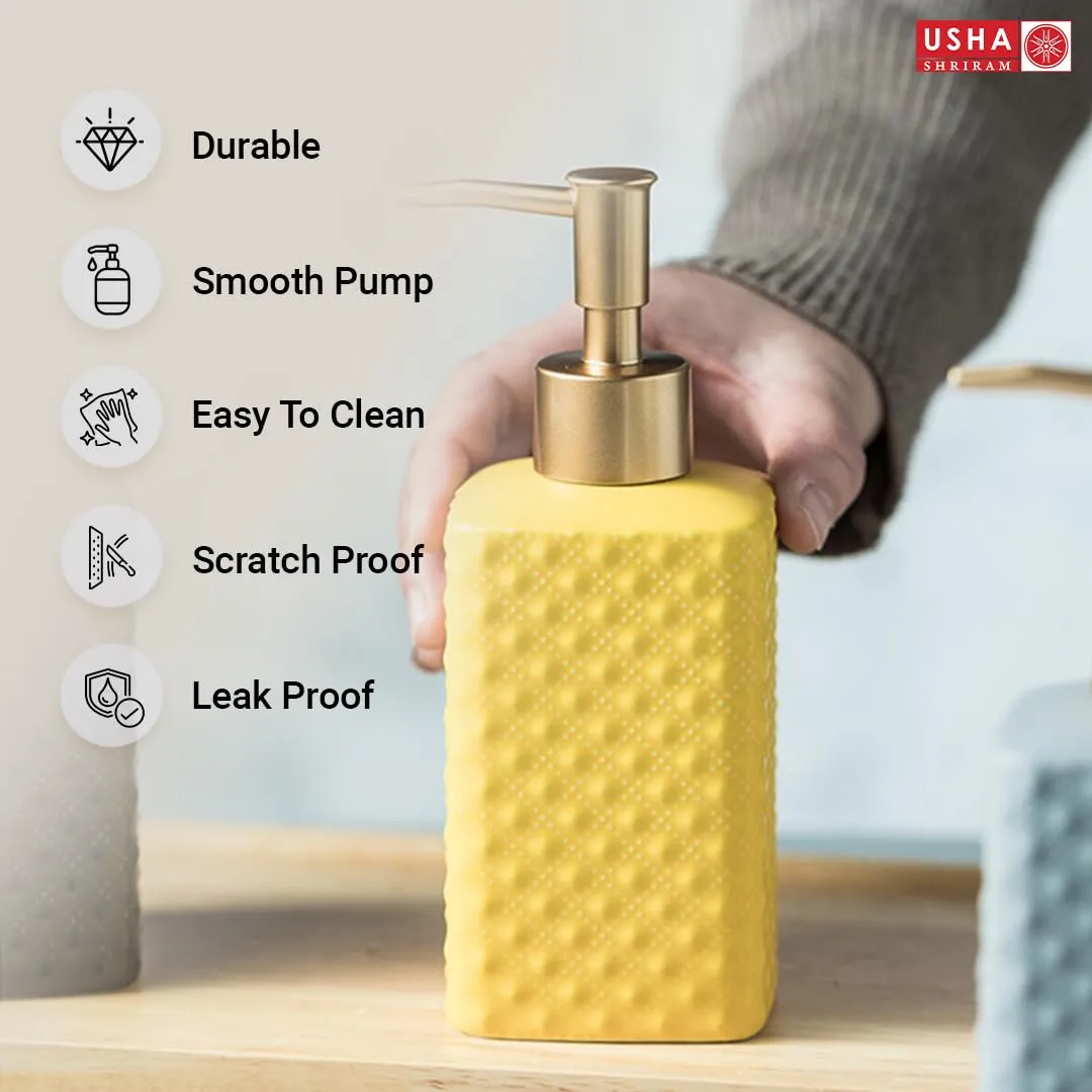 USHA SHRIRAM 350ml Soap Dispenser Bottle | Ceramic Soap & Lotion Dispenser Set | Kitchen Dish Soap Pump Dispenser Set | Hand Shower Washing Soap Dispenser (Deisgn 3 - Yellow, Pack of 4)