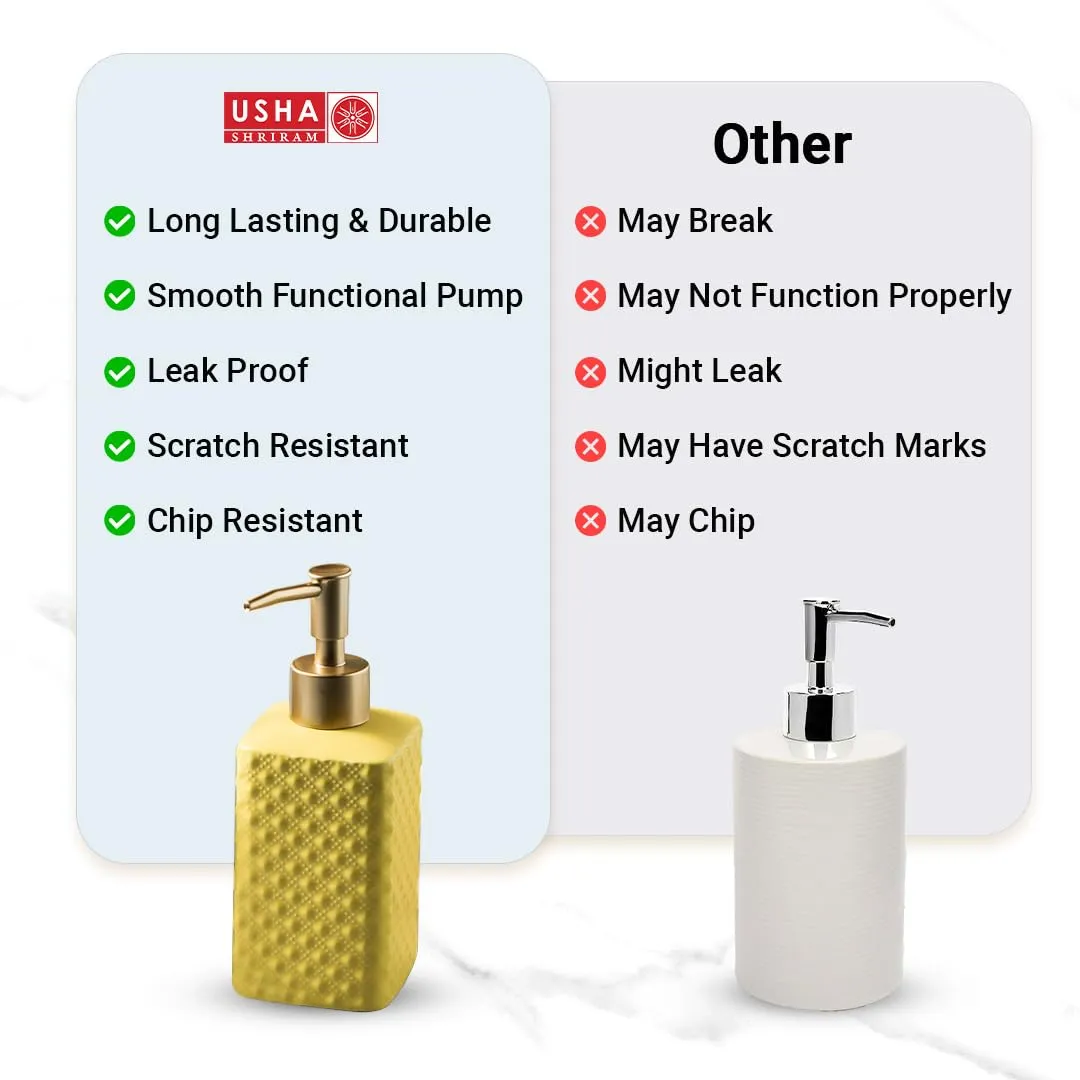 USHA SHRIRAM 350ml Soap Dispenser Bottle | Ceramic Soap & Lotion Dispenser Set | Kitchen Dish Soap Pump Dispenser Set | Hand Shower Washing Soap Dispenser (Deisgn 3 - Yellow, Pack of 4)
